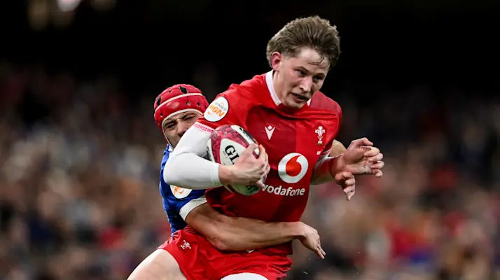 France's Louis Bielle-Biarrey tackles Wales' Ellis Mee during the 2026 Guinness Six Nations Championship.