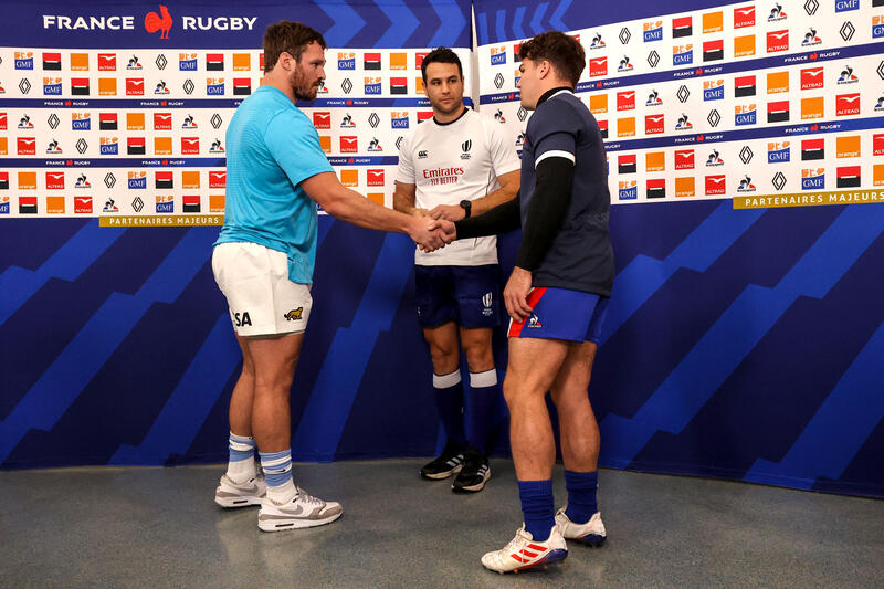 Autumn Nations Series, Stade de France, Paris, France 6/11/2021
France vs Argentina
Argentina's Julian Montoya at the coin toss with Referee Ben O'Keeffe and Antoine Dupont of France 
Mandatory Credit ¬©INPHO/James Crombie