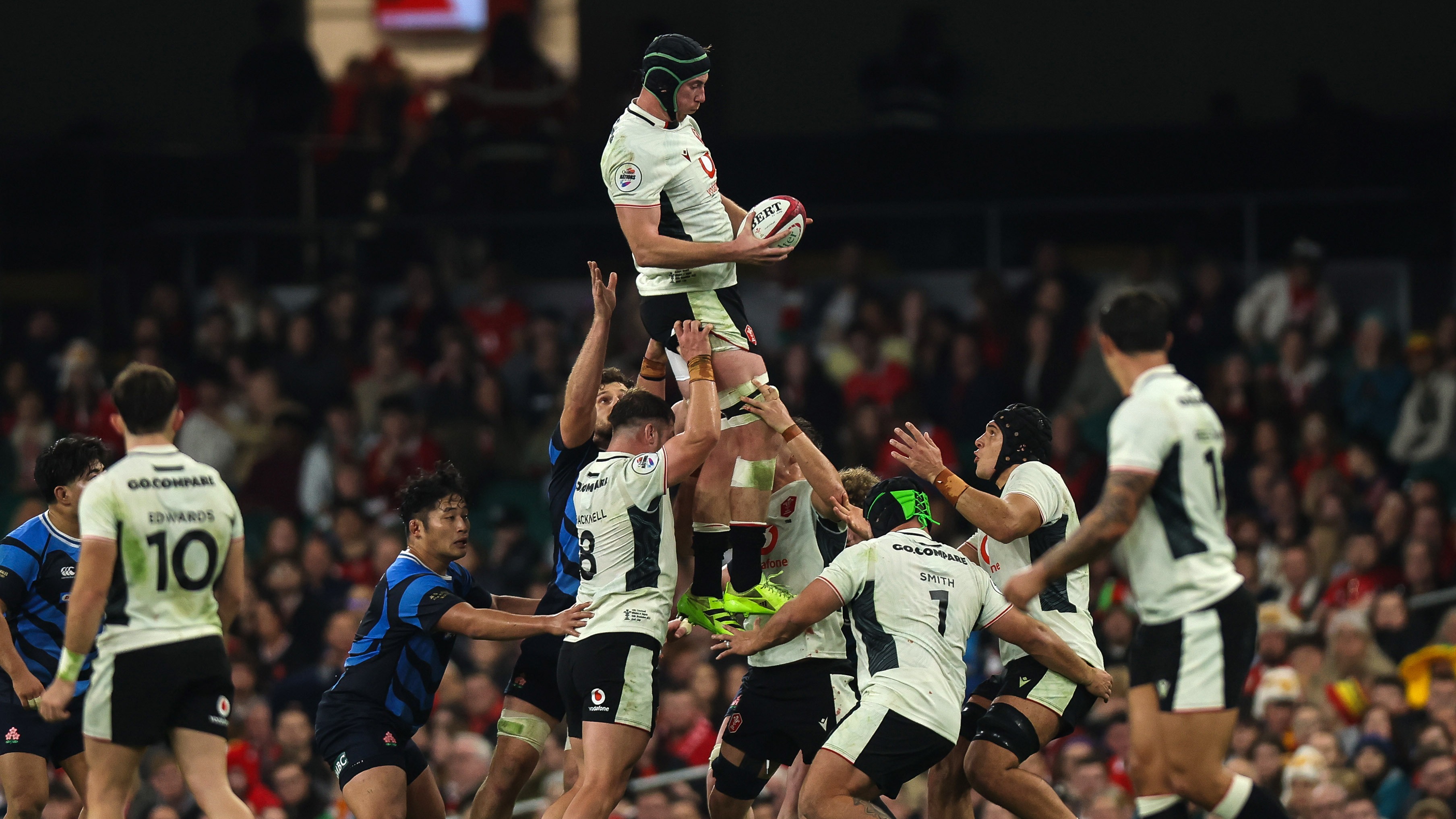 Adam Beard wins lineout ball for Wales against Japan in Cardiff during the 2025 Quilter Nations Series.