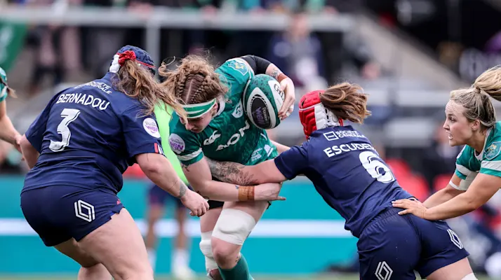 Ireland's Ruth Campbell is tackled by France's Charlotte Escudero during the 2025 Guinness Women's Six Nations Championship Round 1 game between Ireland and France in the Kingspan Stadium, Belfast