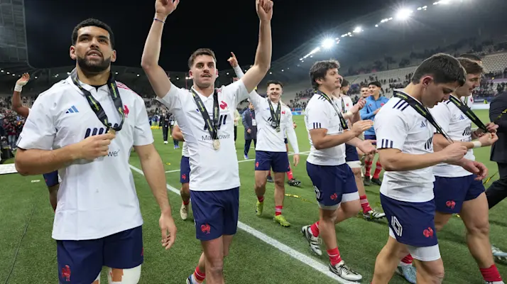 France players celebrate winning the 2025 U20 Six Nations Championship.