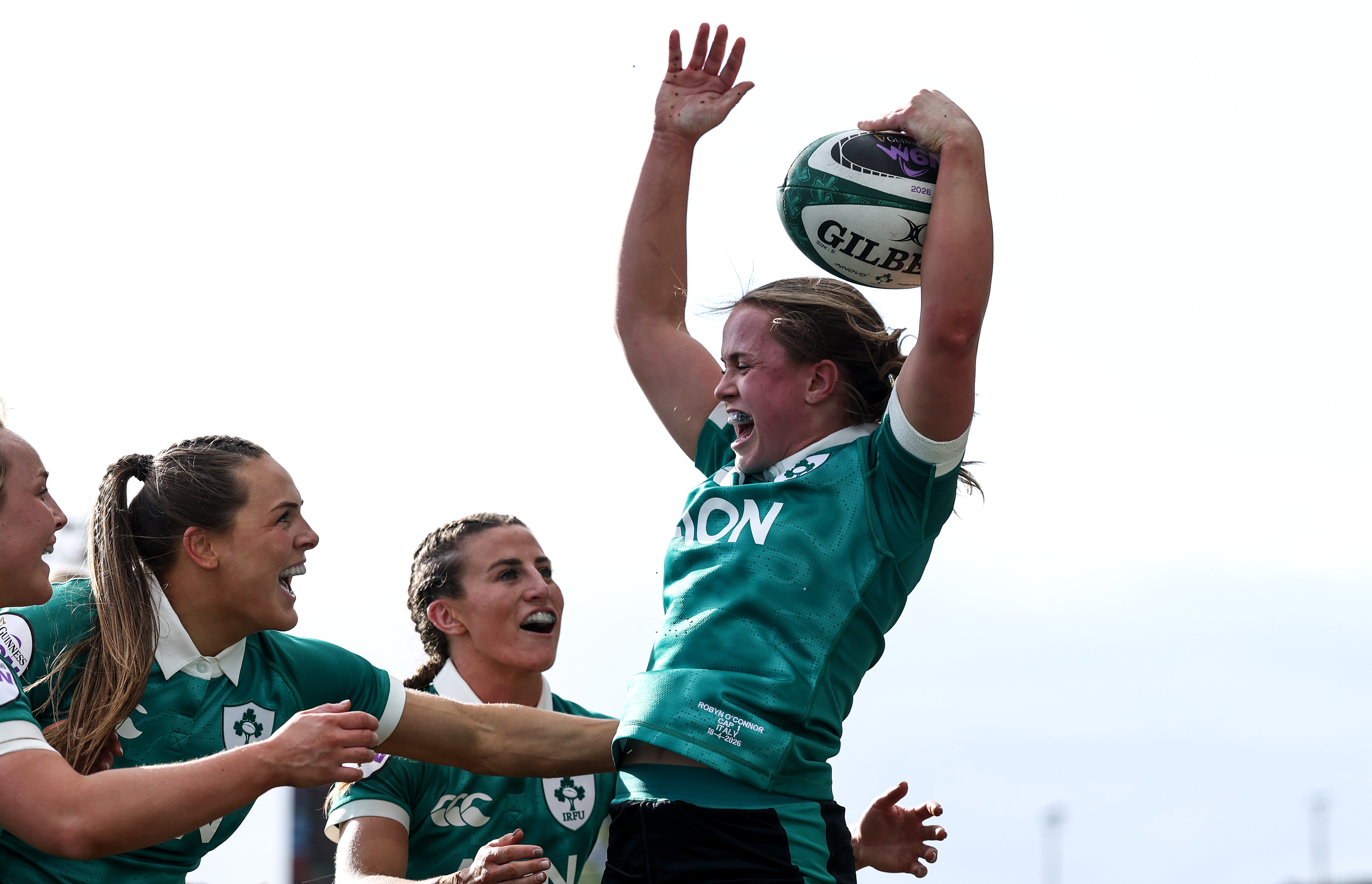 Ireland's Robyn O'Connor celebrates after she scores her sides 4th try of the match during the 2026 Guinness Women's Six Nations Championship Round 2