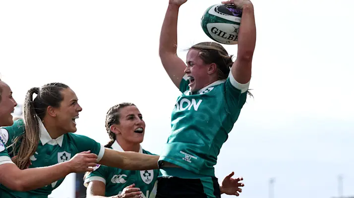Ireland's Robyn O'Connor celebrates after she scores her sides 4th try of the match during the 2026 Guinness Women's Six Nations Championship Round 2