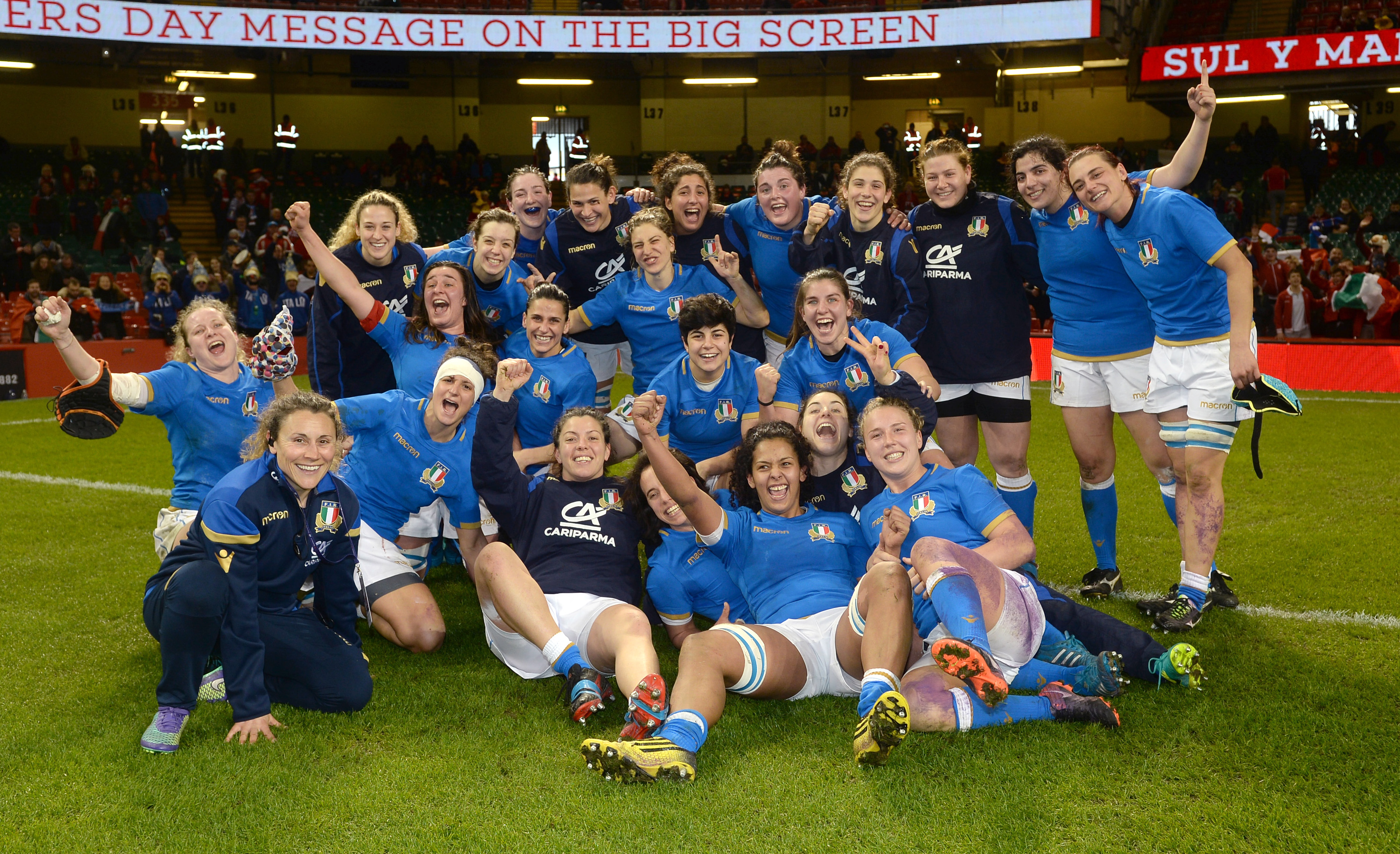 Italy celebrate winning at Principality Stadium