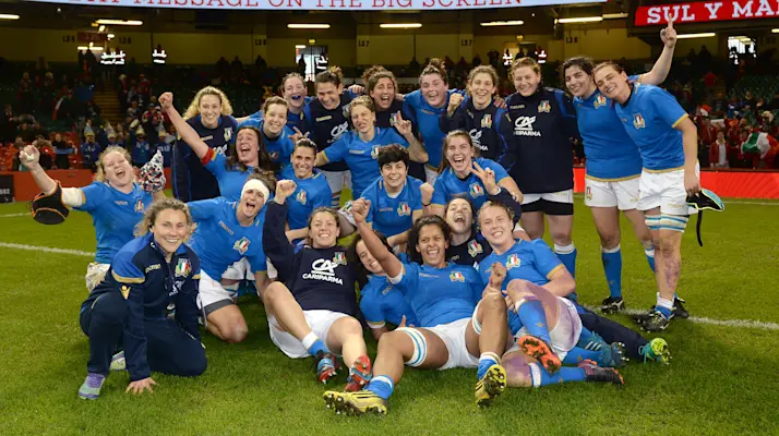 Italy celebrate winning at Principality Stadium