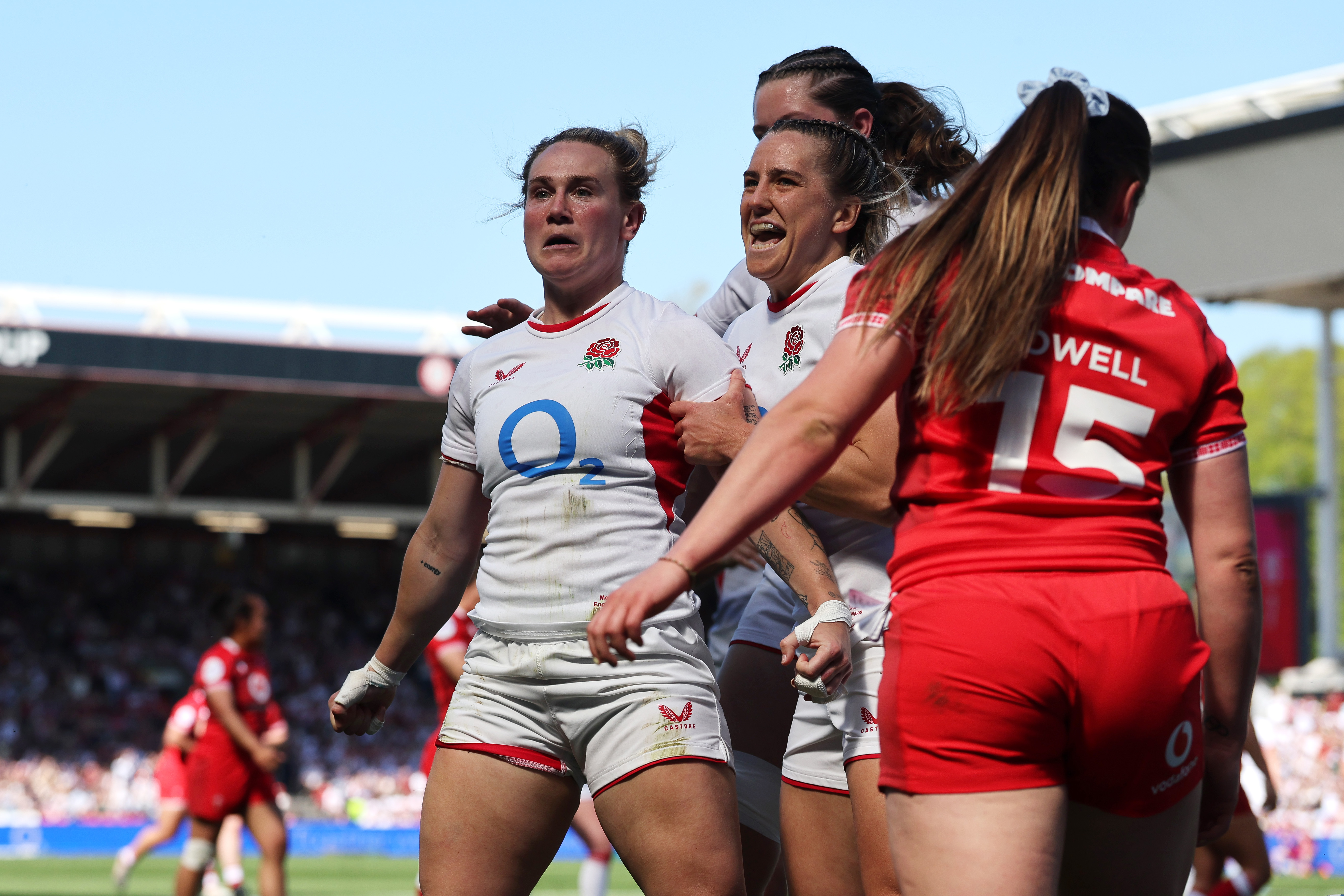 England's Meg Jones celebrates with teammates after scoring her sides fourth try of the match during the 2026 Guinness Women's Six Nations Championship Round 3 game between England and Wales in Ashton Gate Stadium