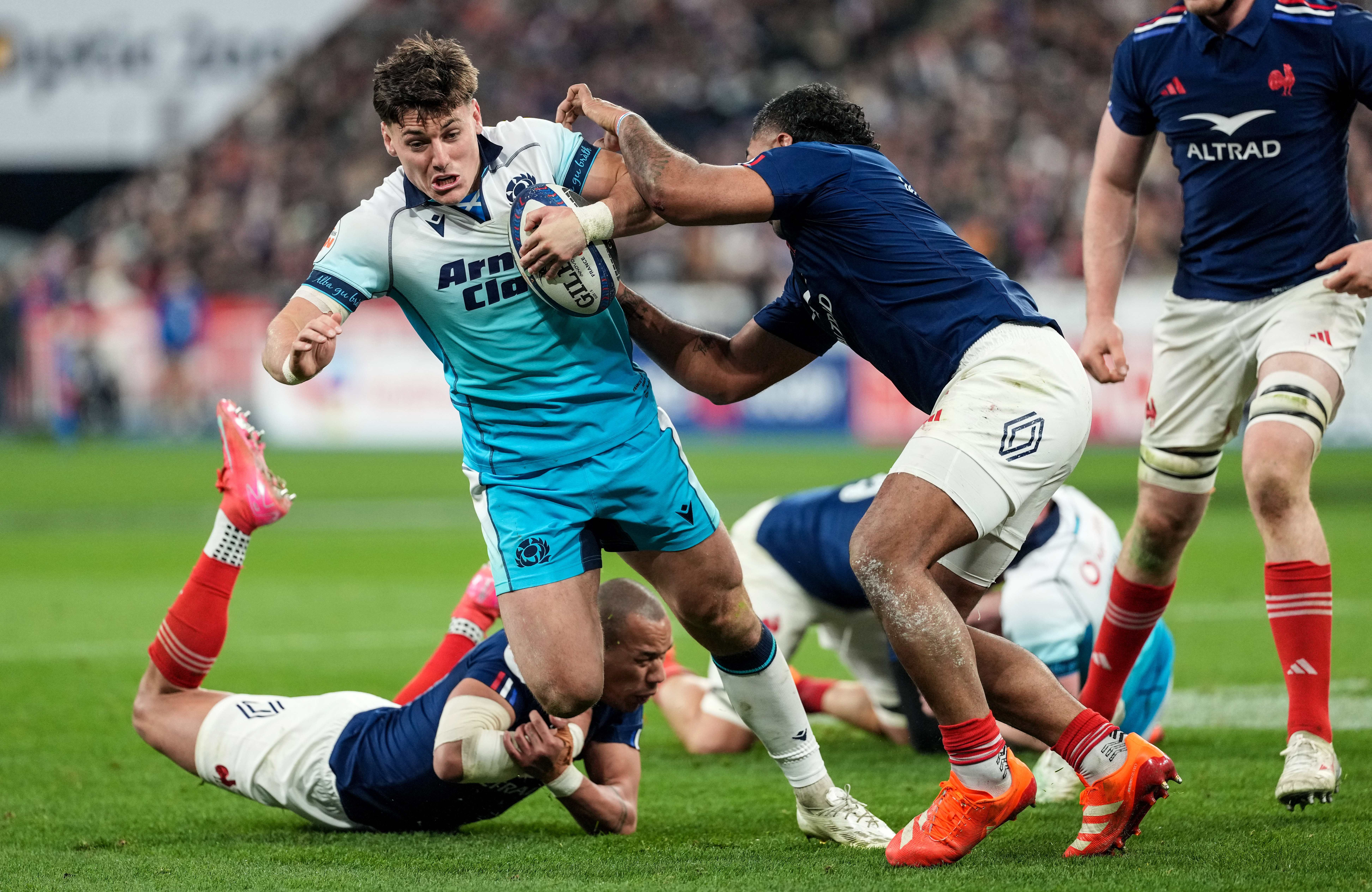 Scotland's Tom Jordan in action against France during the 2025 Six Nations.