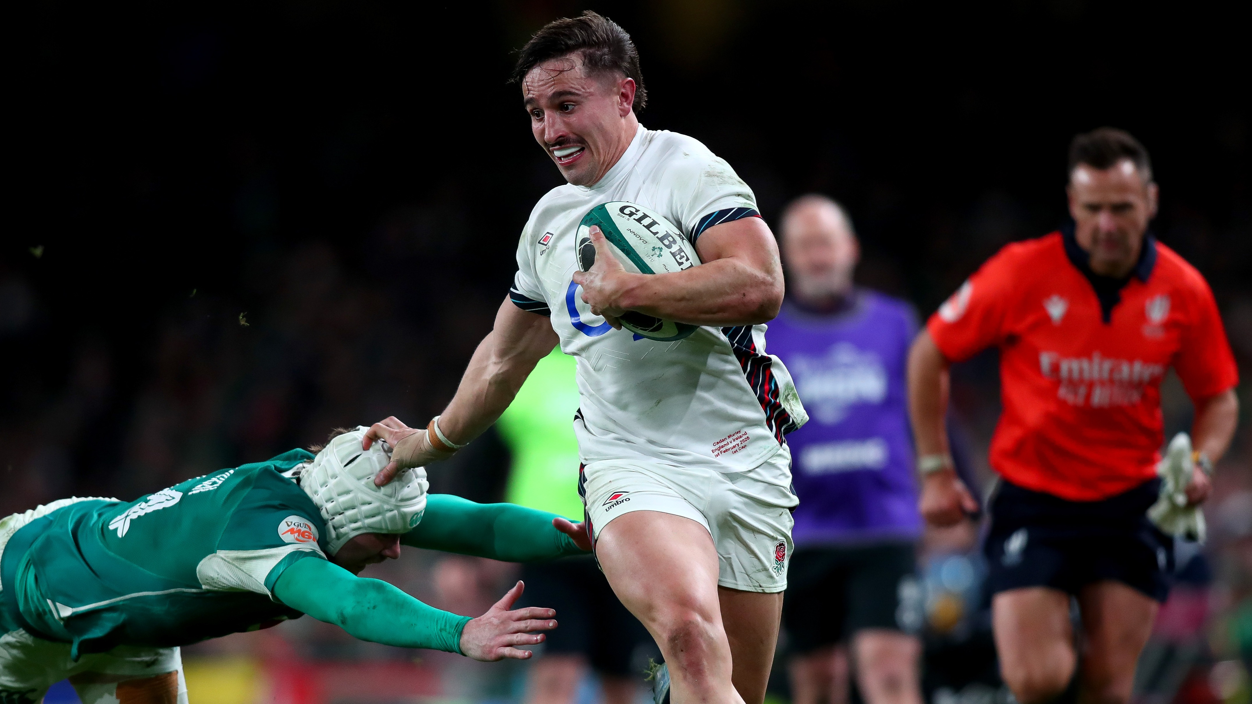 Cadan Murley breaks free from an Irish tackle on his way to scoring in the 2025 Championship.