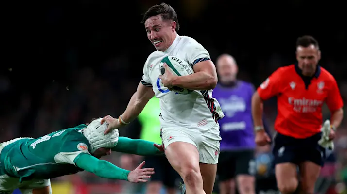 Cadan Murley breaks free from an Irish tackle on his way to scoring in the 2025 Championship.