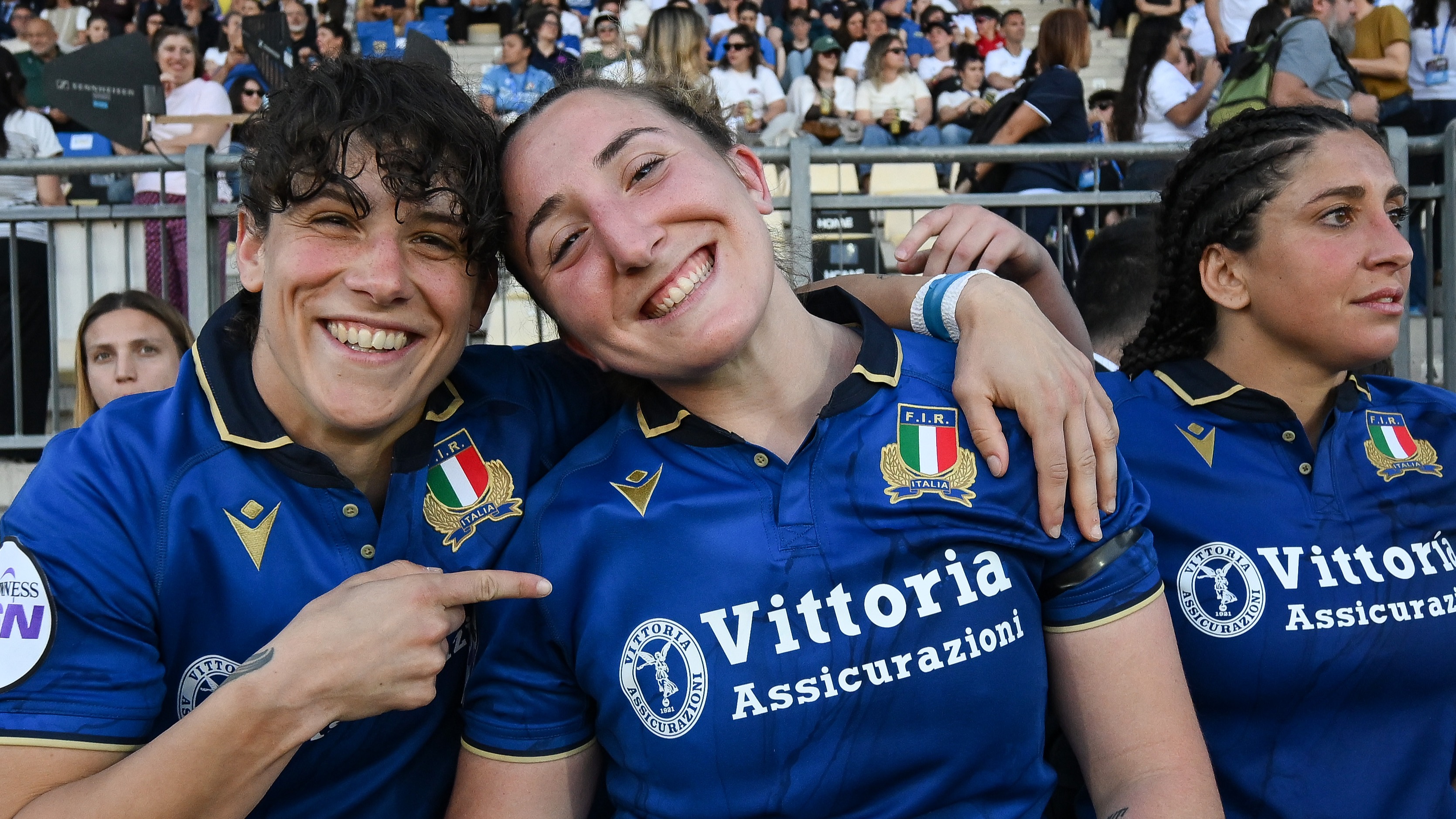 Italy's Aura Muzzo, Francesca Sgorbini and Silvia Turani celebrate after the 2026 Guinness Women's Six Nations Championship Round 3 game between Italy and Scotland in Stadio Sergio Lanfranchi, Parma, Italy