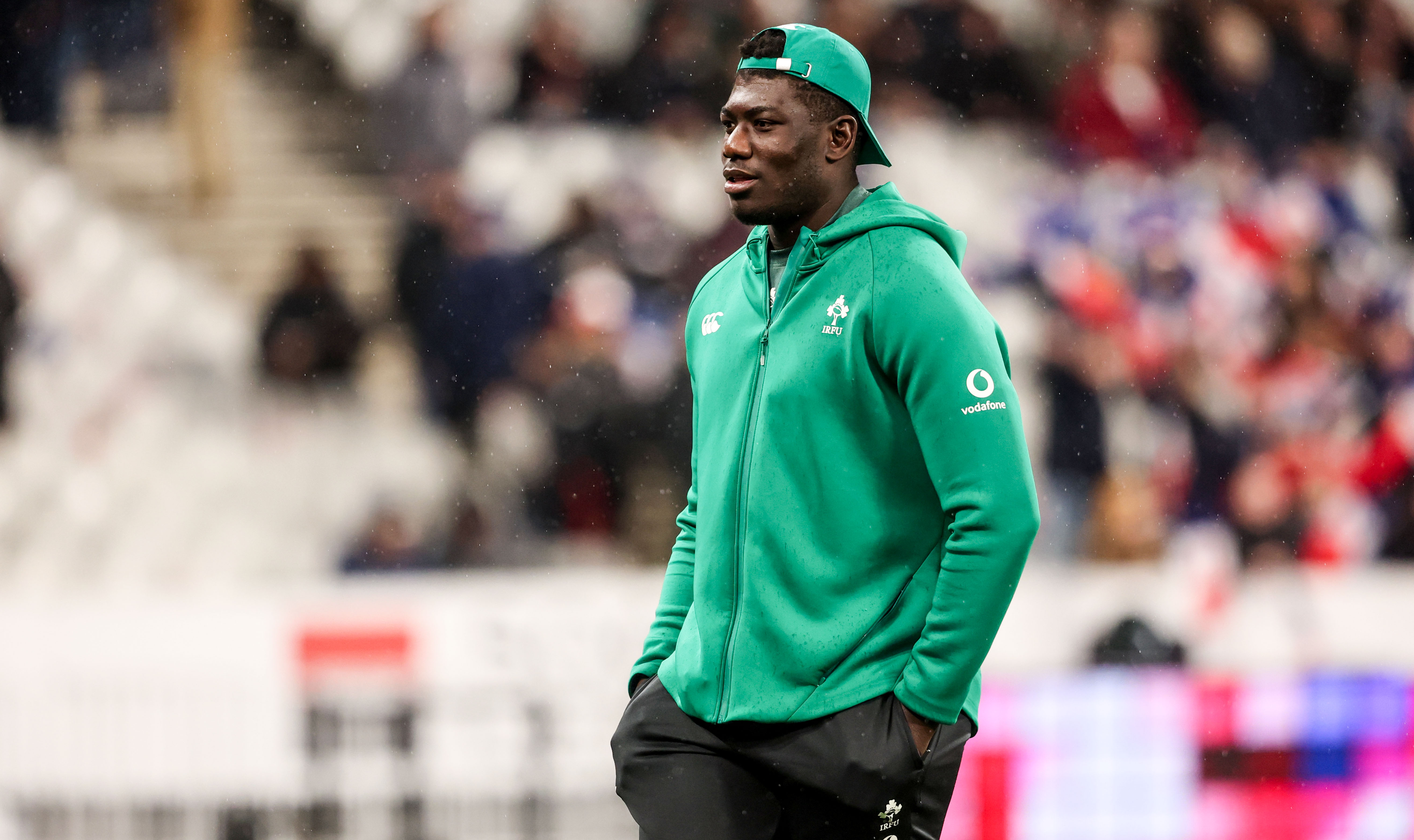 Ireland's Edwin Edogbo inspects the Stade de France pitch ahead of the 2026 Guinness Men's Six Nations match against France.