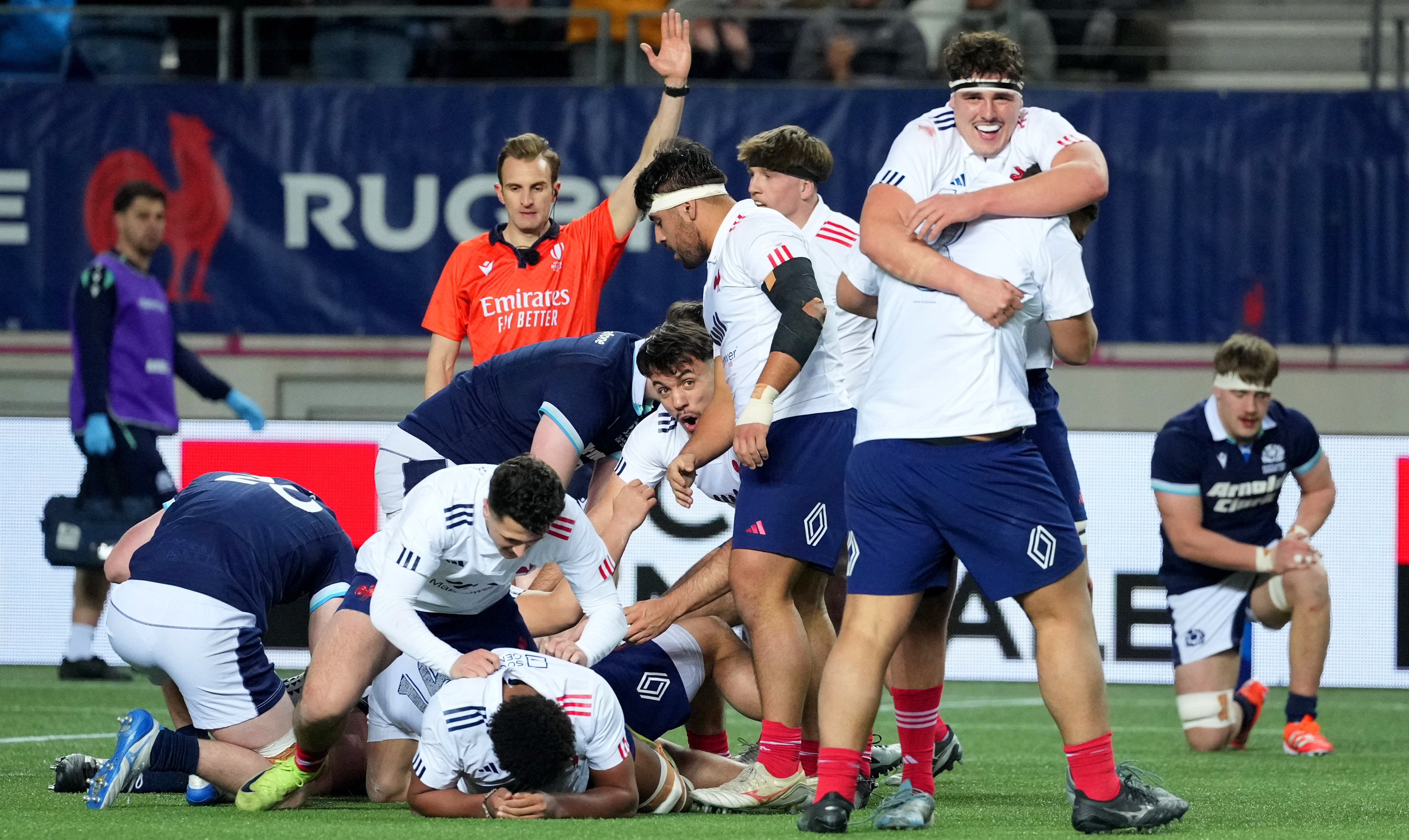 France’s Corentin Mezou celebrates winning with fans after the 2025 Under 20 Six Nations Championship Round 5 game between France and Scotland in the Stade Jean Bouin, Paris, France, Friday, March 14, 2025 (Photo by Dave Winter / Inpho)