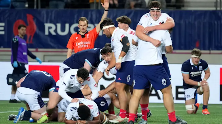 France’s Corentin Mezou celebrates winning with fans after the 2025 Under 20 Six Nations Championship Round 5 game between France and Scotland in the Stade Jean Bouin, Paris, France, Friday, March 14, 2025 (Photo by Dave Winter / Inpho)