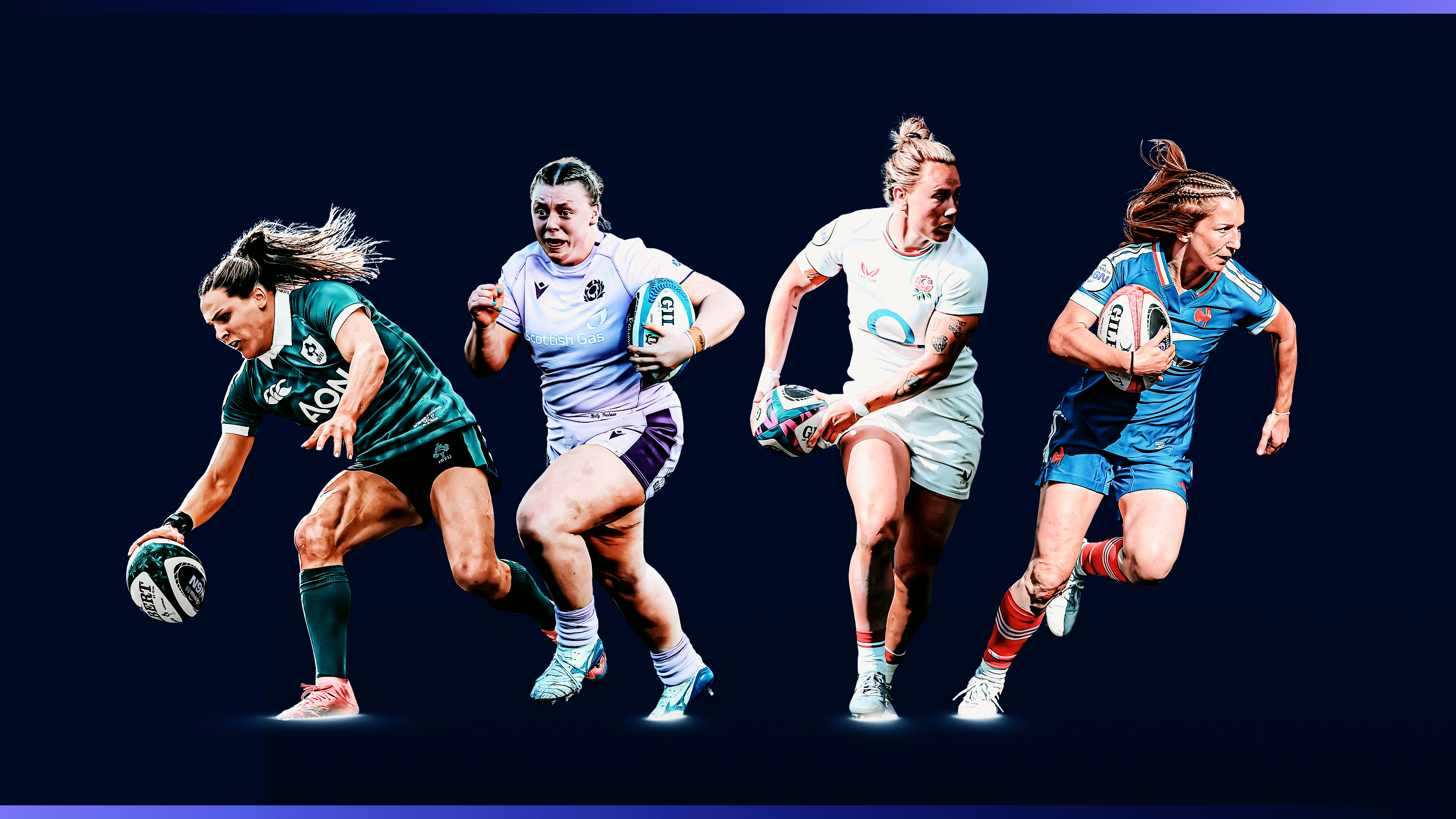 A graphic featuring the four nominees for the 2026 Guinness Women's Six Nations Try of the Championship.