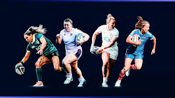 A graphic featuring the four nominees for the 2026 Guinness Women's Six Nations Try of the Championship.