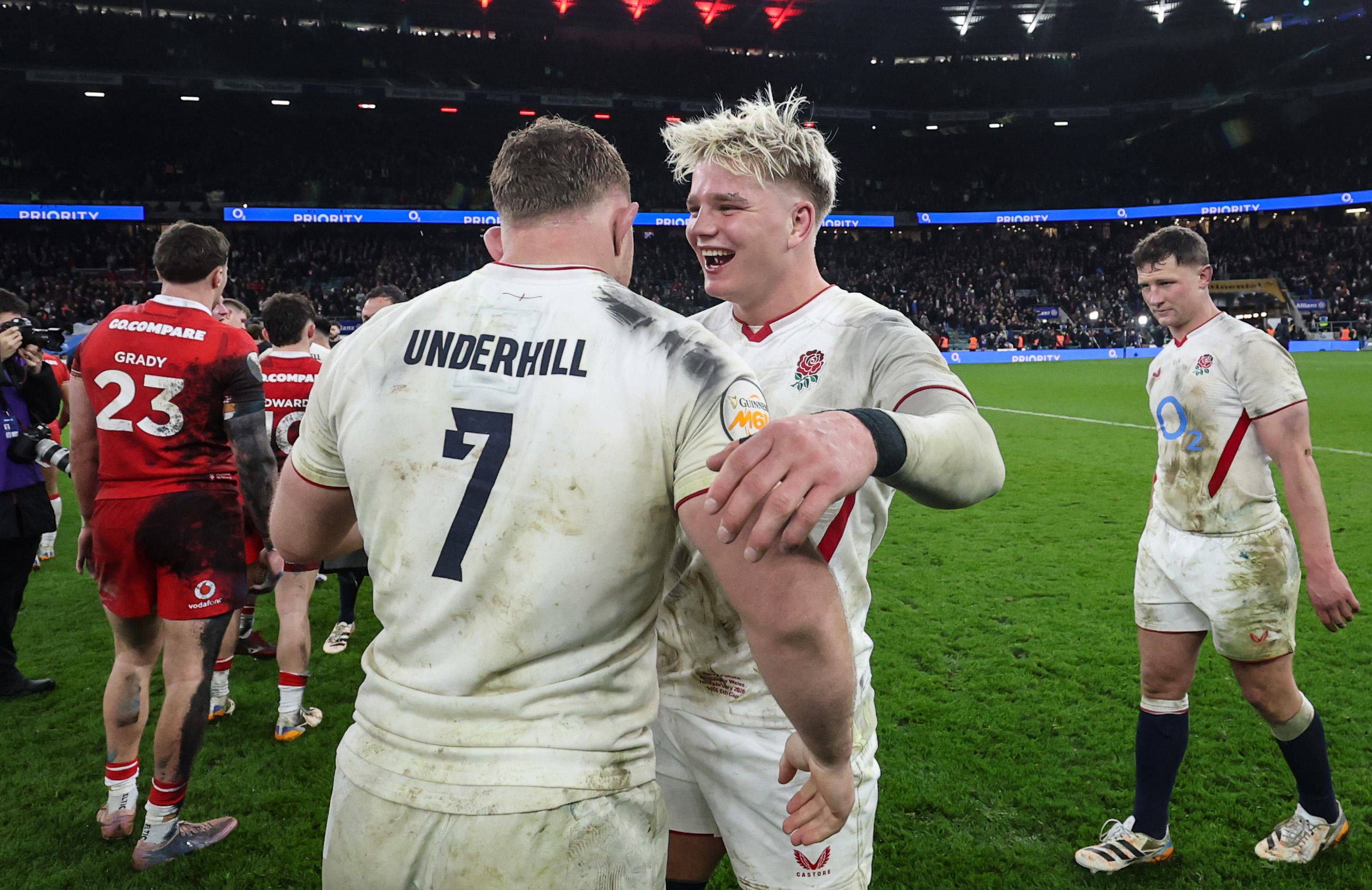 England's Henry Pollock and Sam Underhill celebrate after their 2026 Guinness Men's Six Nations victory against Wales in Twickenham.