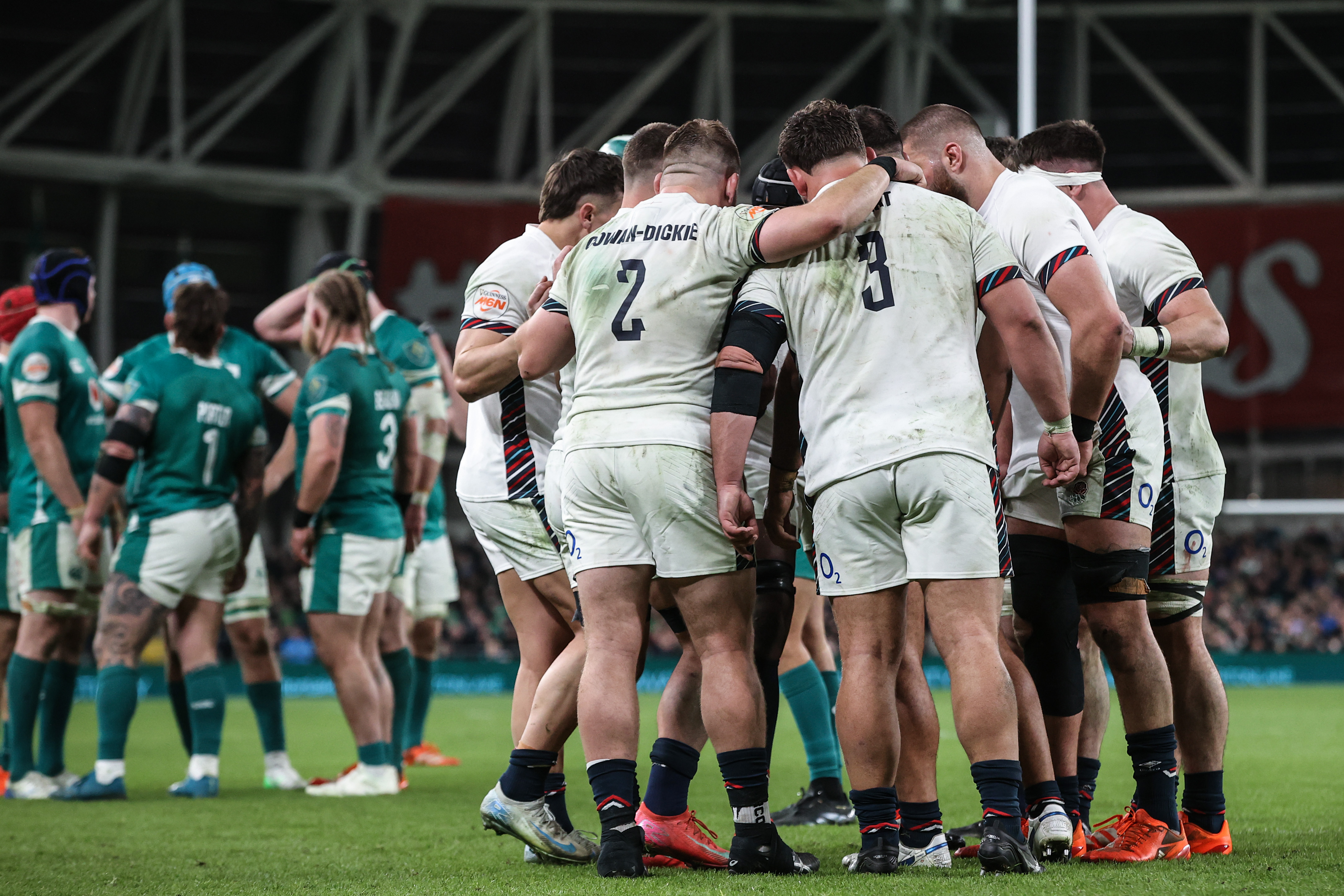A view of the England team huddle during a break in play during the 2025 Guinness Men's Six Nations Championship match in Dublin.