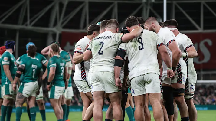 A view of the England team huddle during a break in play during the 2025 Guinness Men's Six Nations Championship match in Dublin.