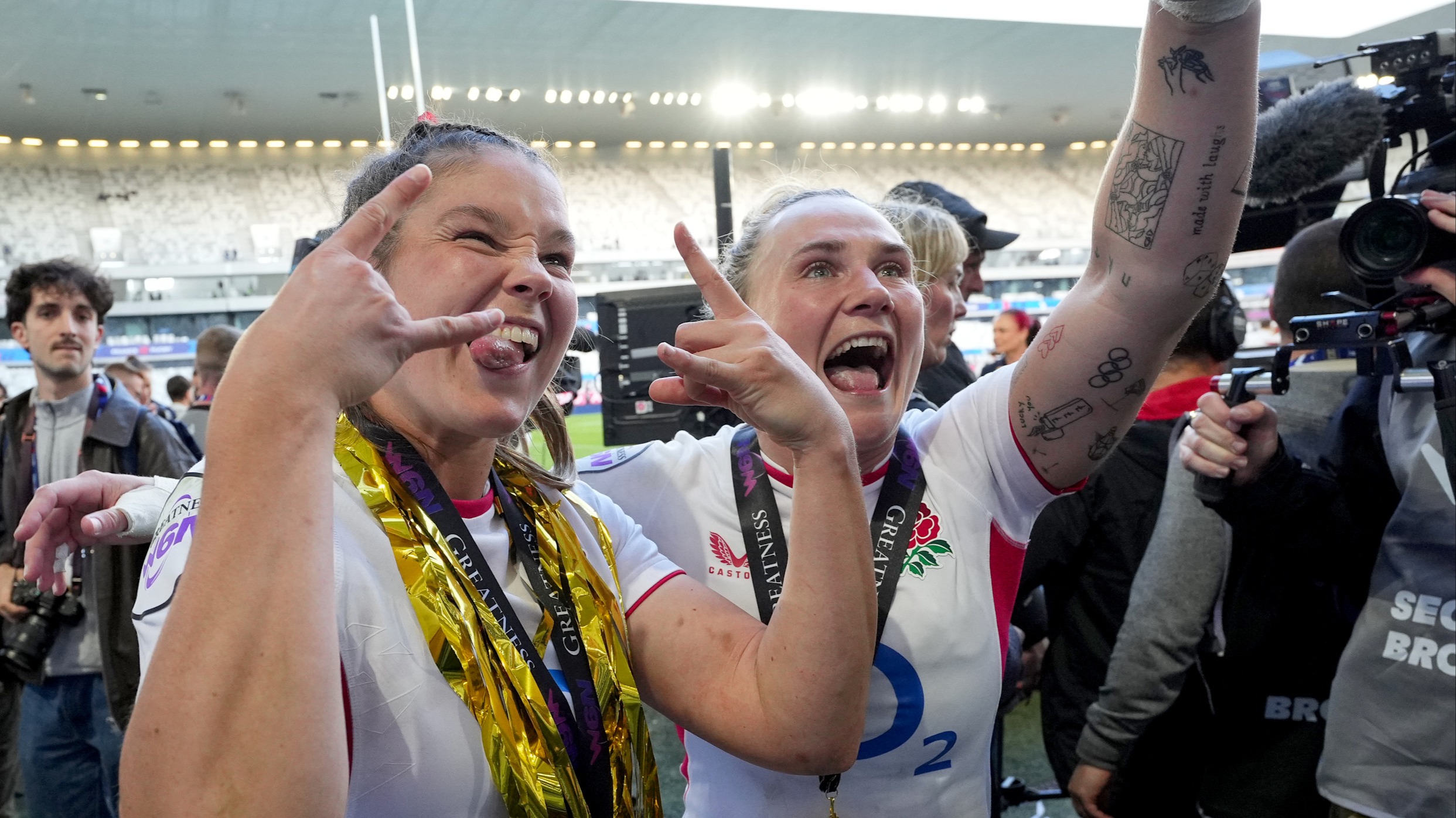 England's Jess Breach and Meg Jones celebrate after the 2026 Guinness Women's Six Nations Championship Round 5 game between France and England in Matmut Atlantique, Bordeaux, France