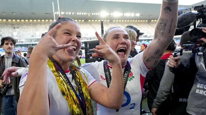 England's Jess Breach and Meg Jones celebrate after the 2026 Guinness Women's Six Nations Championship Round 5 game between France and England in Matmut Atlantique, Bordeaux, France