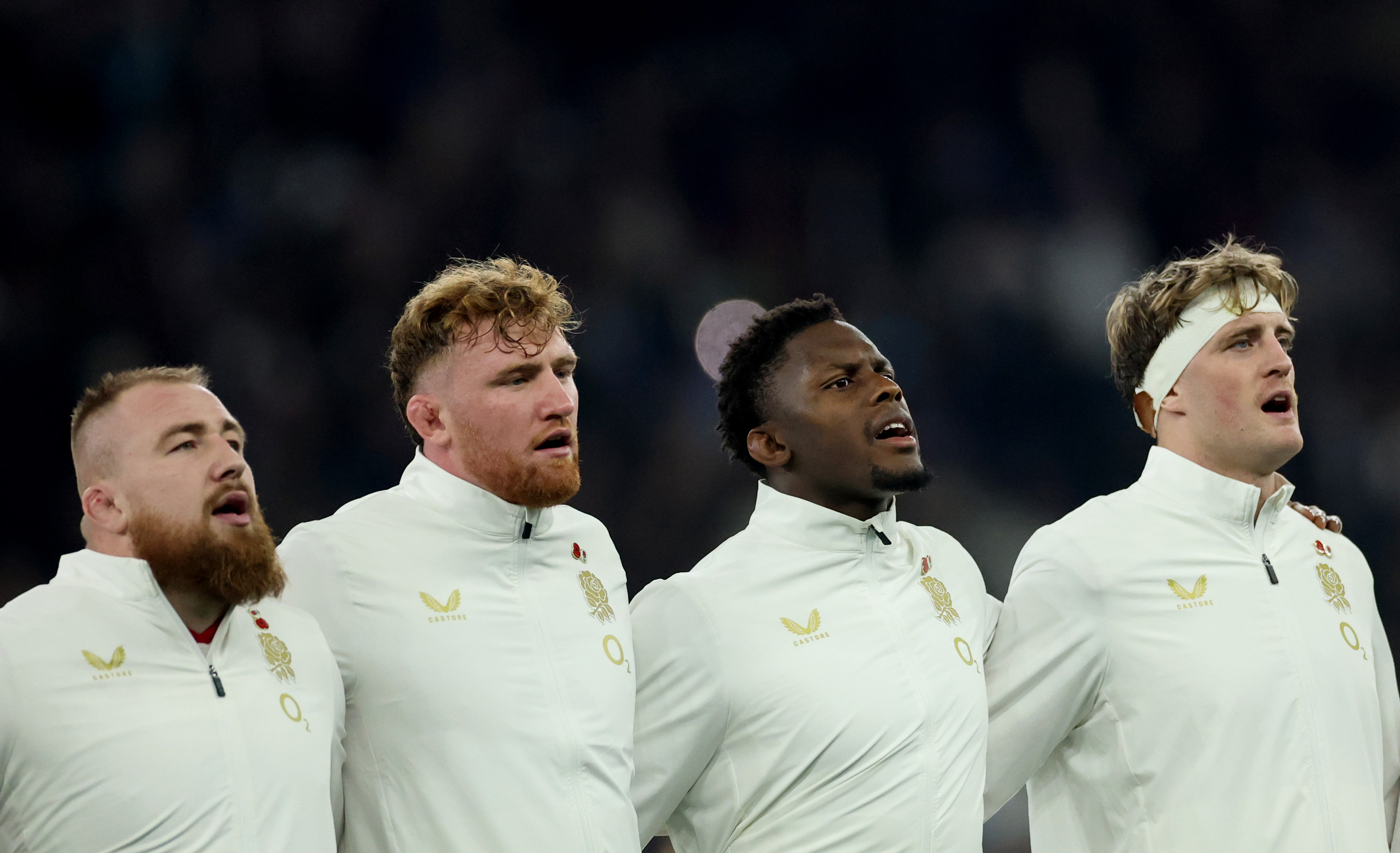 England's Joe Heyes, Ollie Chessum, Maro Itoje and Alex Coles sing the national anthem.