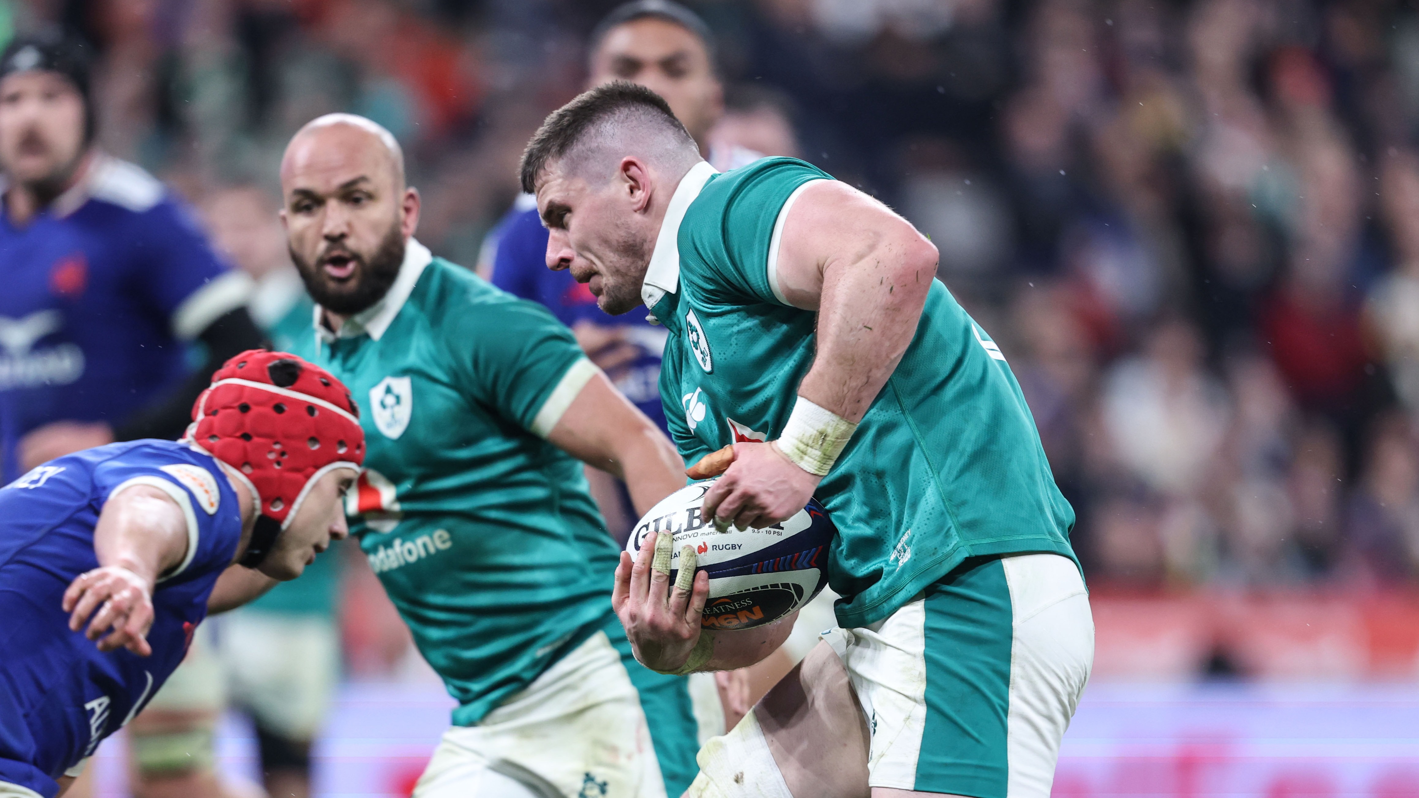 Ireland's Nick Timoney runs in a try during the 2026 Guinness Men's Six Nations loss to France in Paris.
