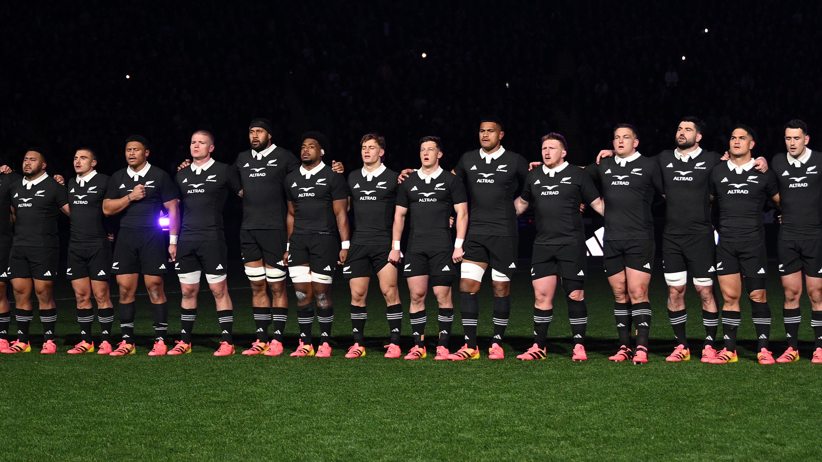 The All Blacks line up for the national anthem at Eden Park during the 2026 Nations Championship.