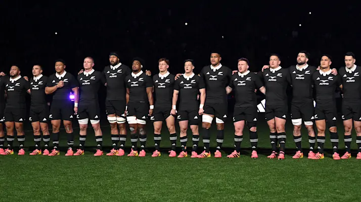 The All Blacks line up for the national anthem at Eden Park during the 2026 Nations Championship.