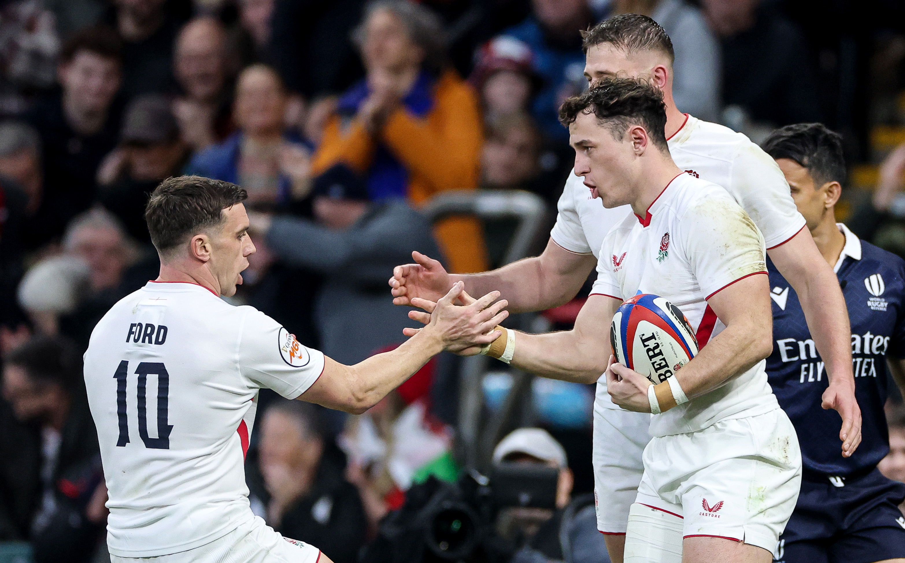 England's Henry Arundell celebrates with George Ford after scoring his second try during the 2026 Guinness Men's Six Nations match against Wales.