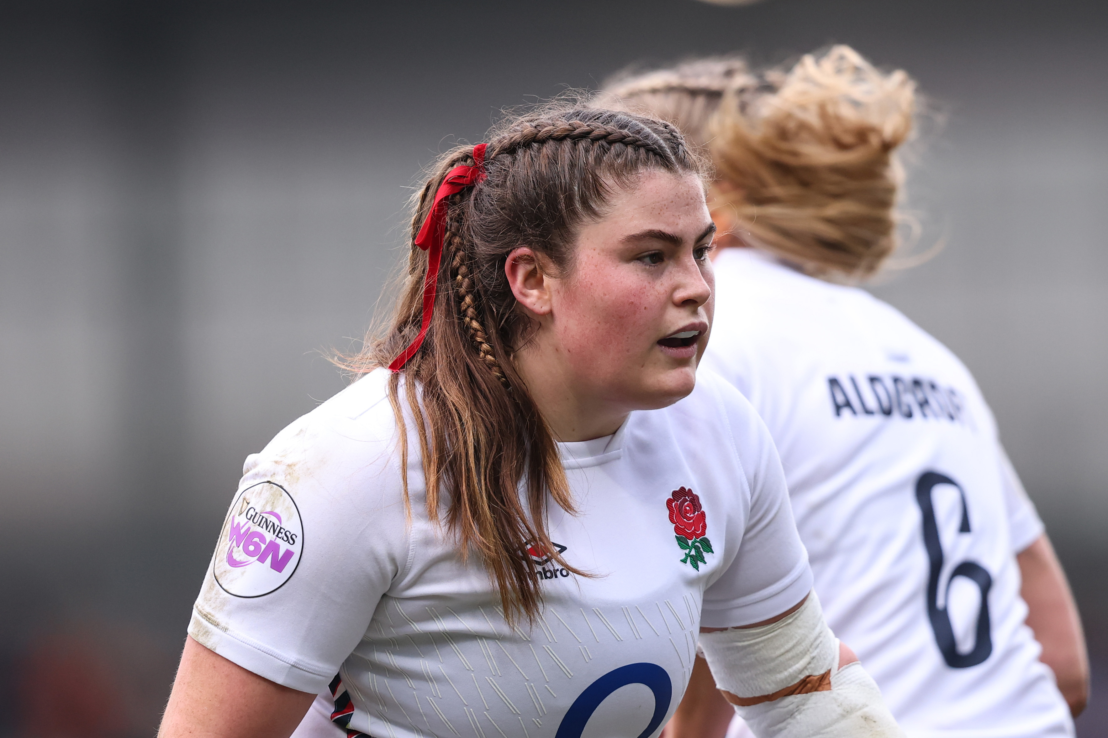 A view of Guinness W6N sleeve patch branding with Maud Muir of England during of the 2025 Guinness Women's Six Nations Championship Round 1 game between England and Italy in the LNER Community Stadium, York