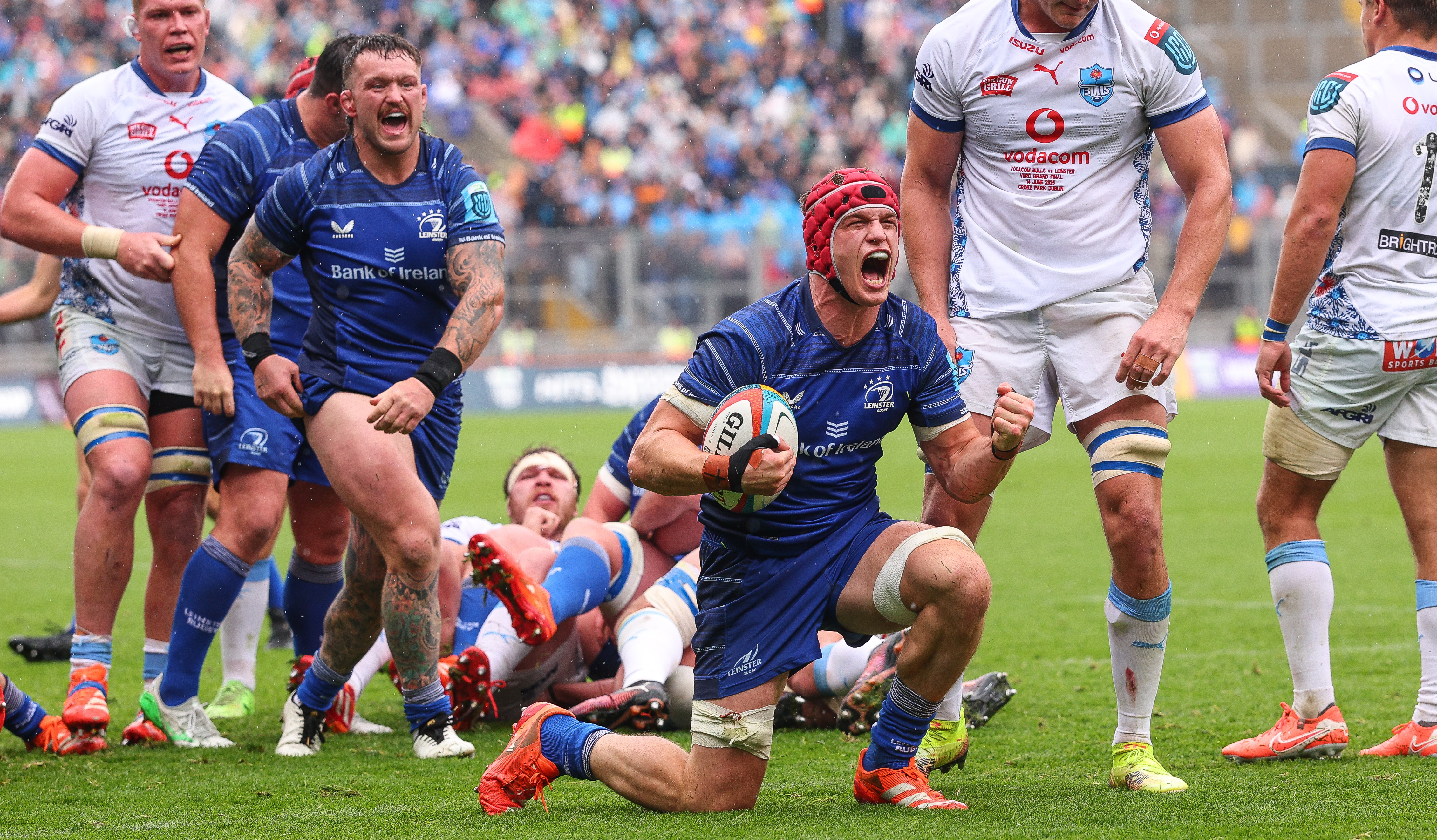 Josh van der Flier celebrates scoring for Leinster agains the Bulls in the URC.