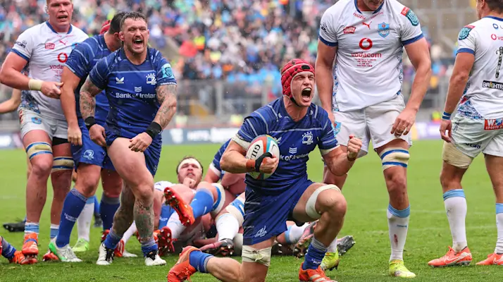 Josh van der Flier celebrates scoring for Leinster agains the Bulls in the URC.