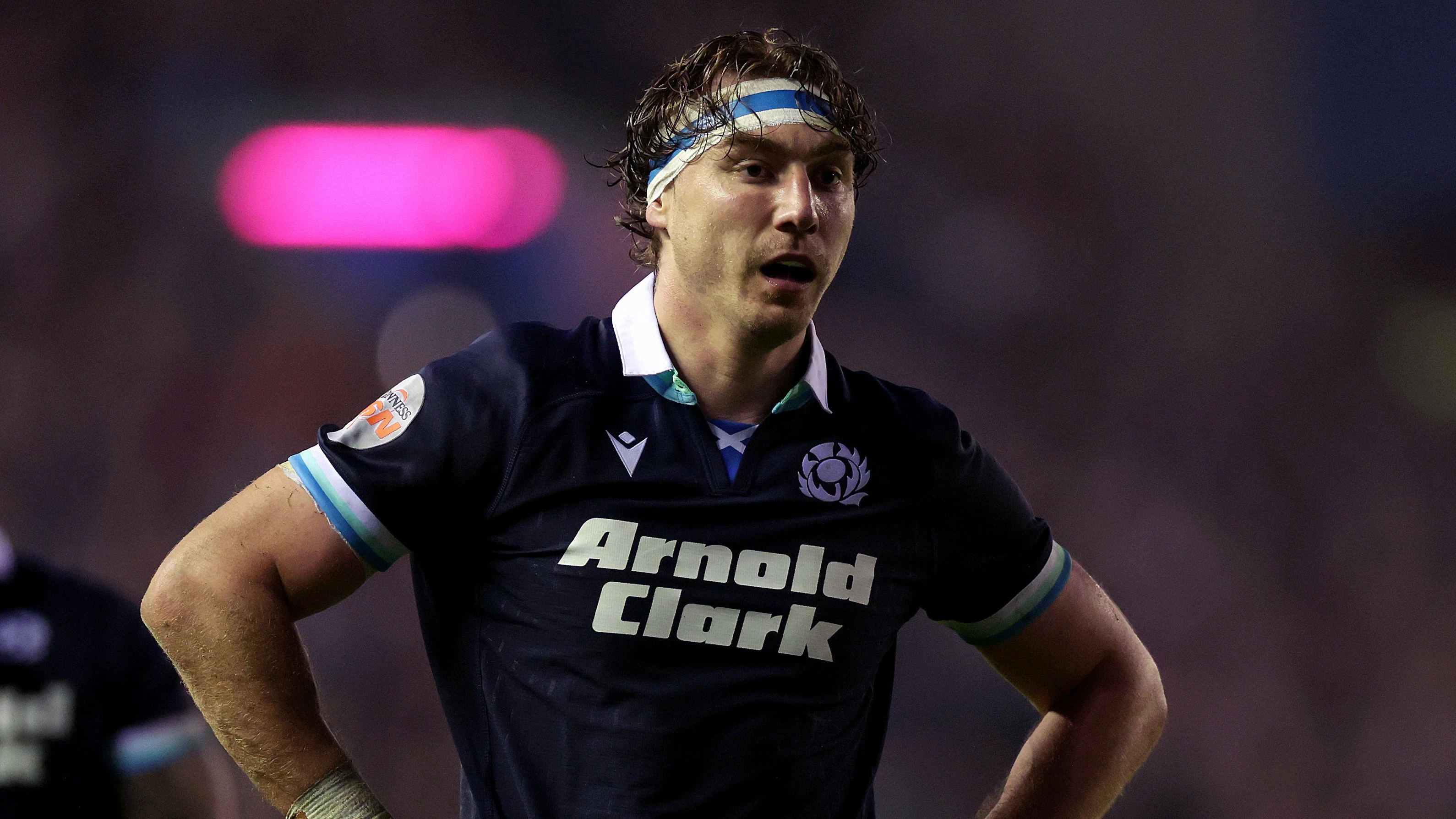 Scotland's Jamie Ritchie takes a breath during a break in play in the 2025 Championship match against Wales at Murrayfield.