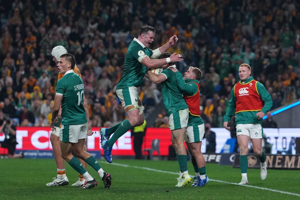 Ireland's players celebrate a try against the Wallabies during the 2026 Nations Championship opener in Sydney.