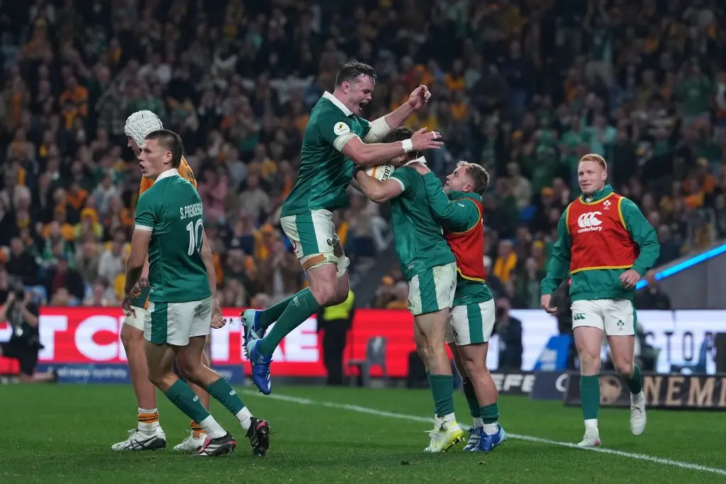Ireland's players celebrate a try against the Wallabies during the 2026 Nations Championship opener in Sydney.