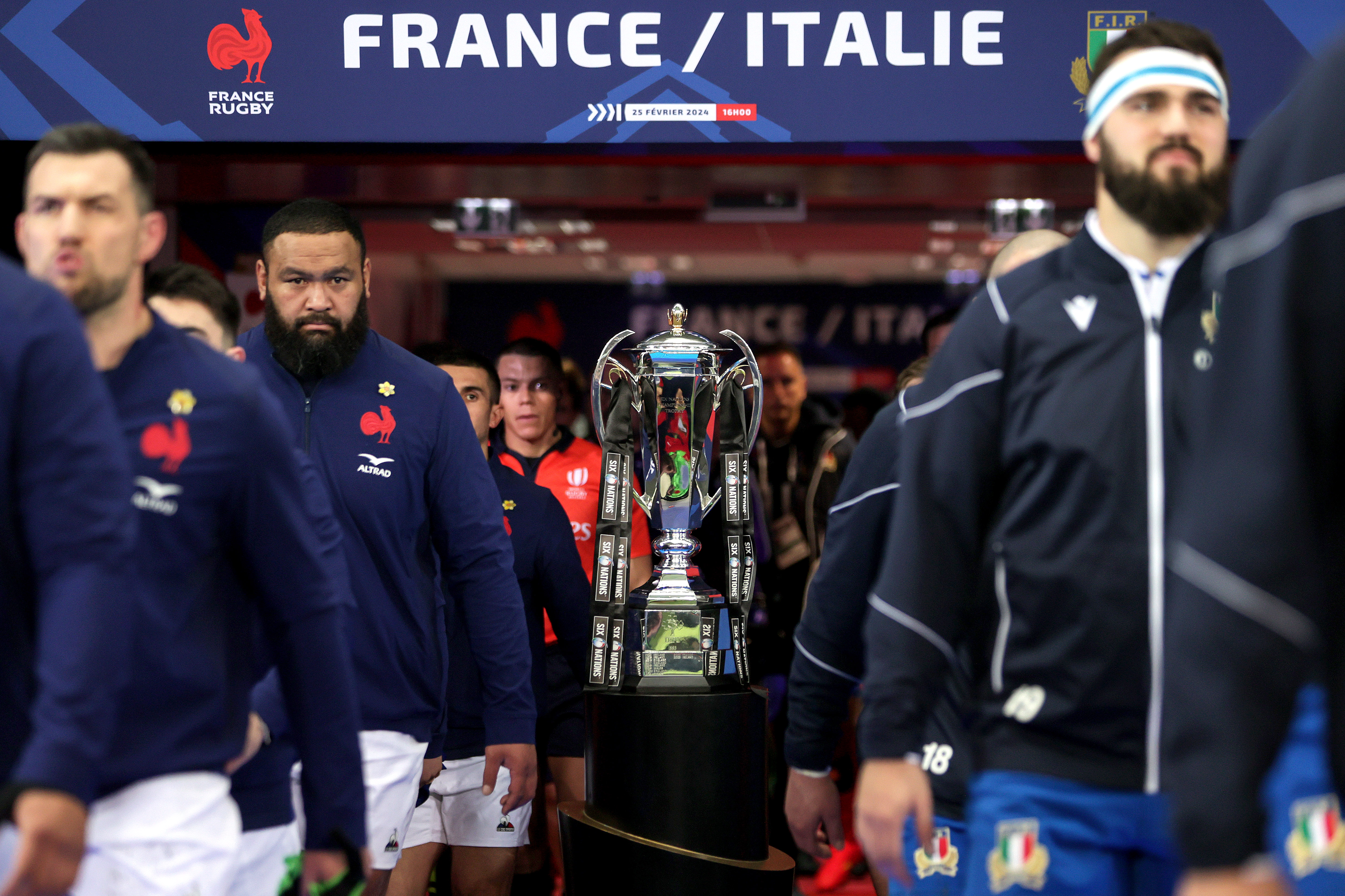 Both teams take to the pitch ahead of the 2024 Guinness Six Nations Championship Round 3 between France and Italy in Stade Pierre Mauroy, Lille, France Sunday February 25, 2024 (Photo by Laszlo Geczo / Inpho)