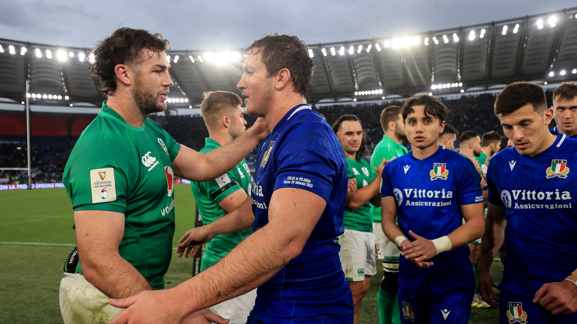 Caelan Doris and Michele Lamaro in the Italy v Ireland 2023 Guinness Men's Six Nations match
