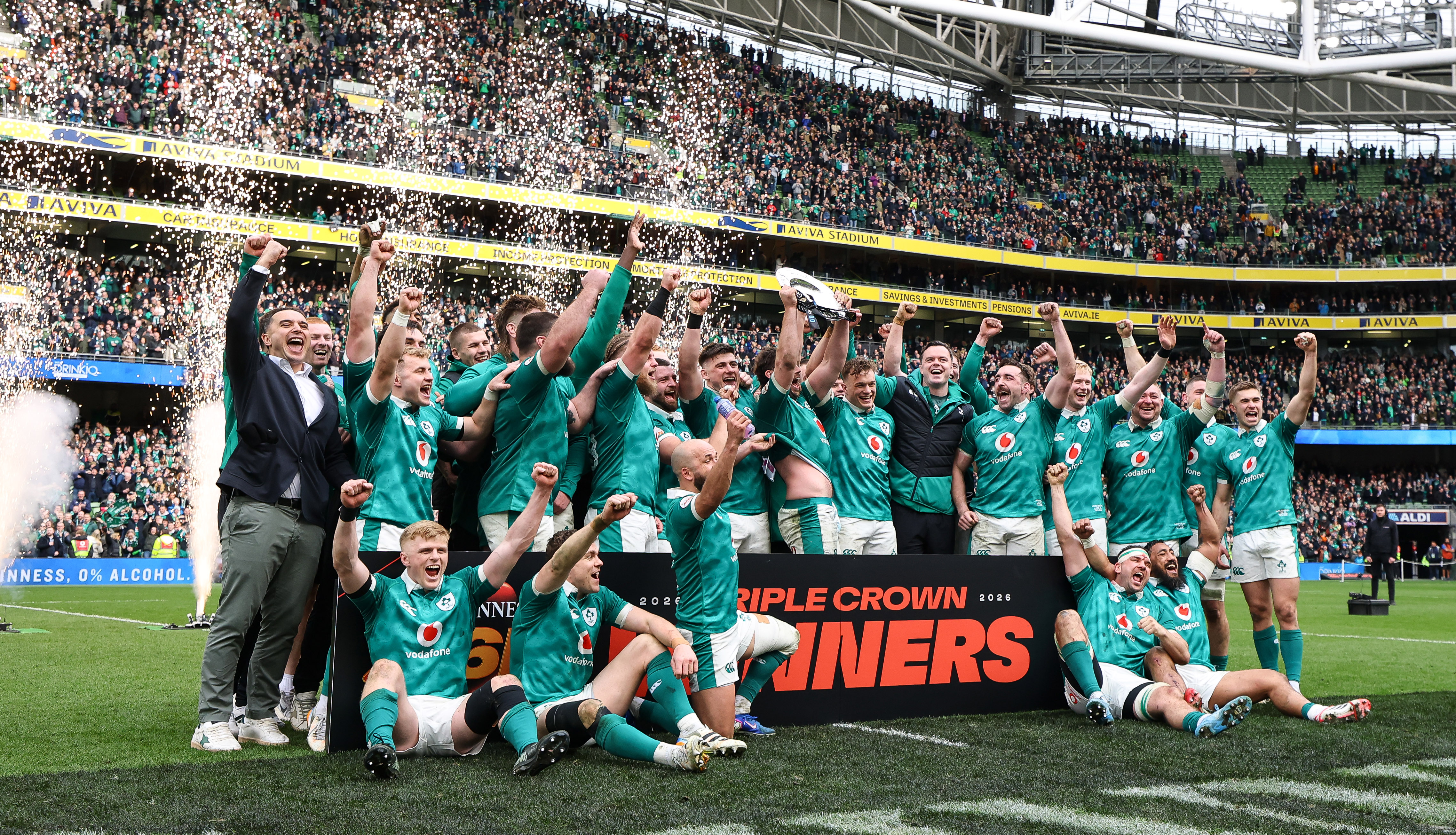 Ireland celebrate winning the Triple Crown at the Aviva Stadium on Super Saturday 2026.