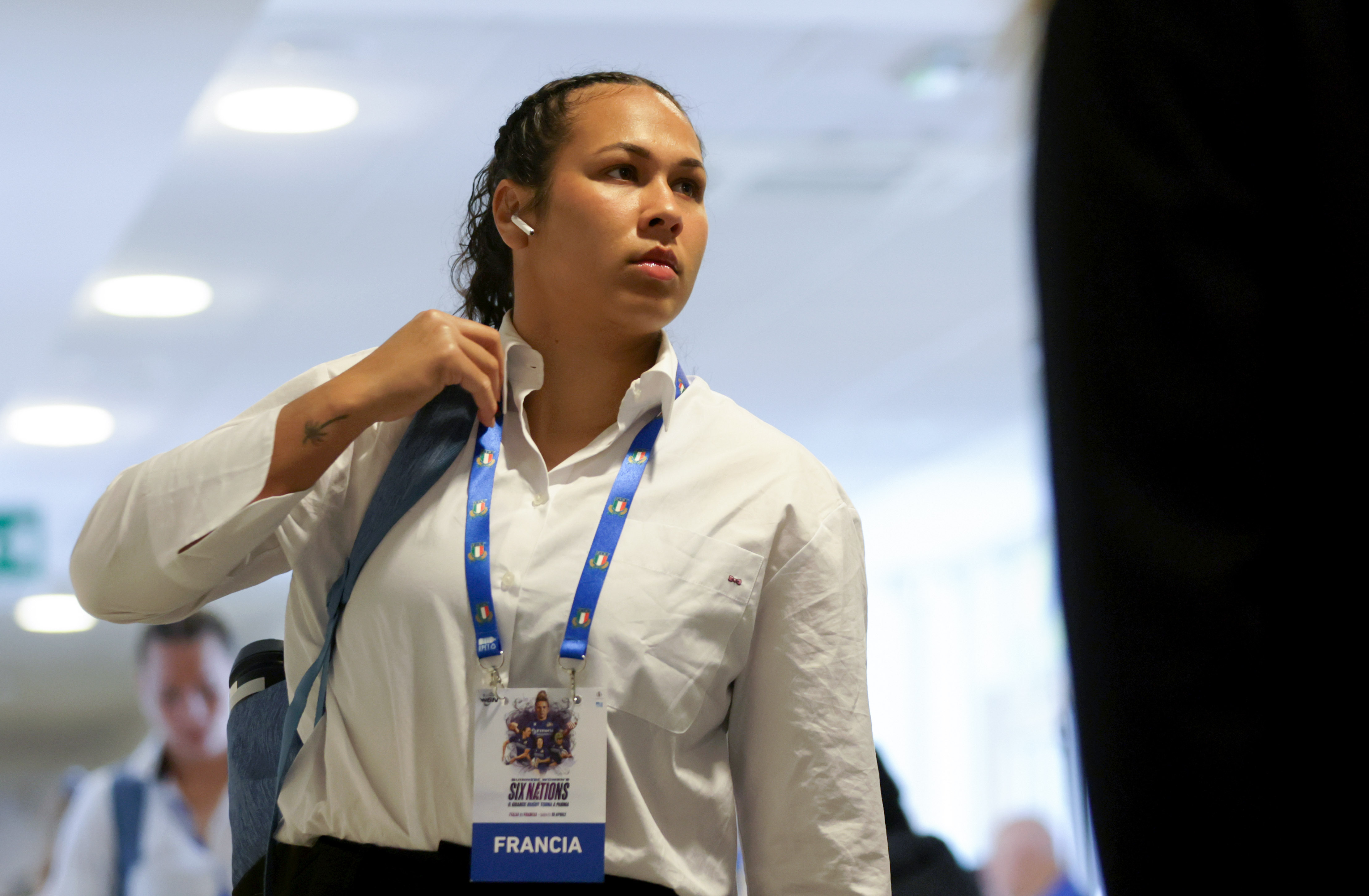 France's Teani Feleu arrives ahead of the 2025 Guinness Women's Six Nations Championship Round 4 game between Italy and France in Stadio Sergio Lanfranchi, Parma