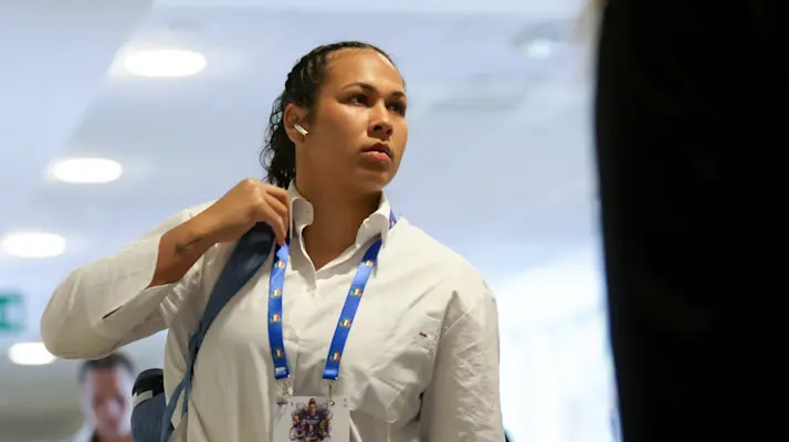 France's Teani Feleu arrives ahead of the 2025 Guinness Women's Six Nations Championship Round 4 game between Italy and France in Stadio Sergio Lanfranchi, Parma