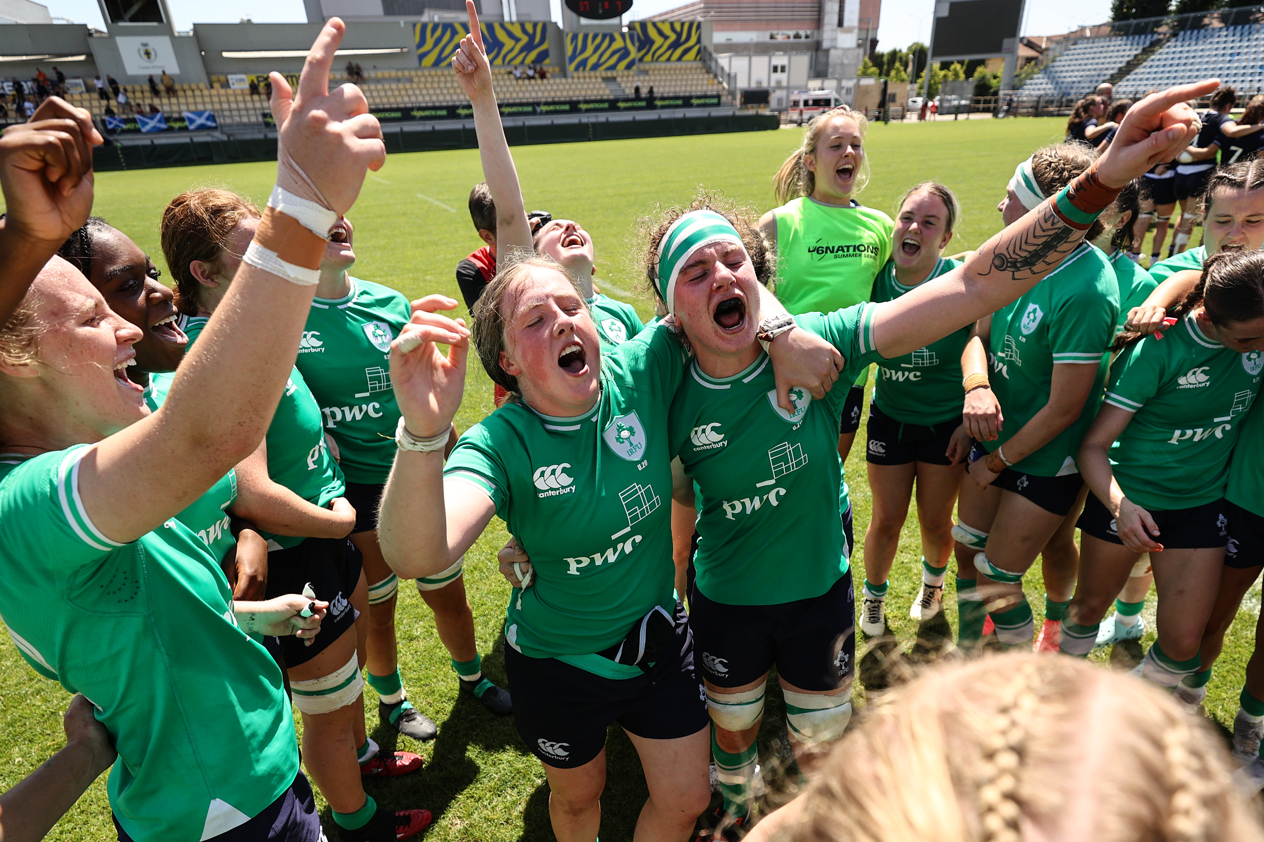 Beth Buttimer leads Ireland's post-match celebrations following victory over Scotland