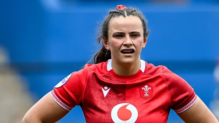 Wales' Branwen Metcalfe dejected after conceding a try during the 2026 Guinness Women's Six Nations Championship Round 5 game between Wales and Italy in Cardiff Arms Park