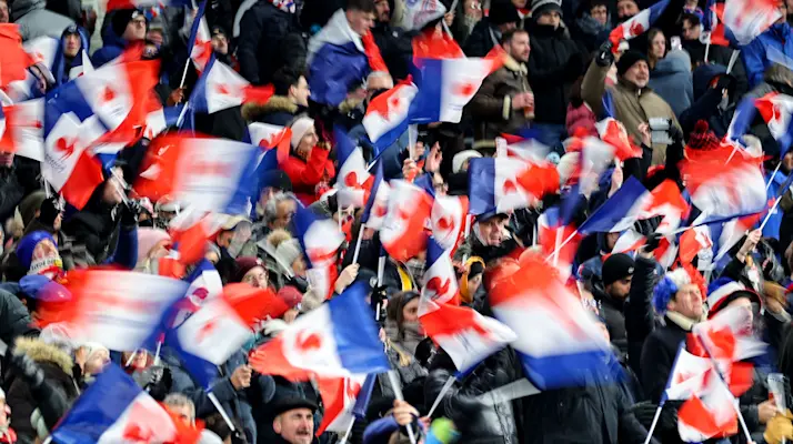 French fans in the crowd at Stade de France wave their tricolor flags.