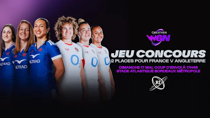 A graphic promoting a French-language ticket competition for the 2026 Super Sunday match between France and England.