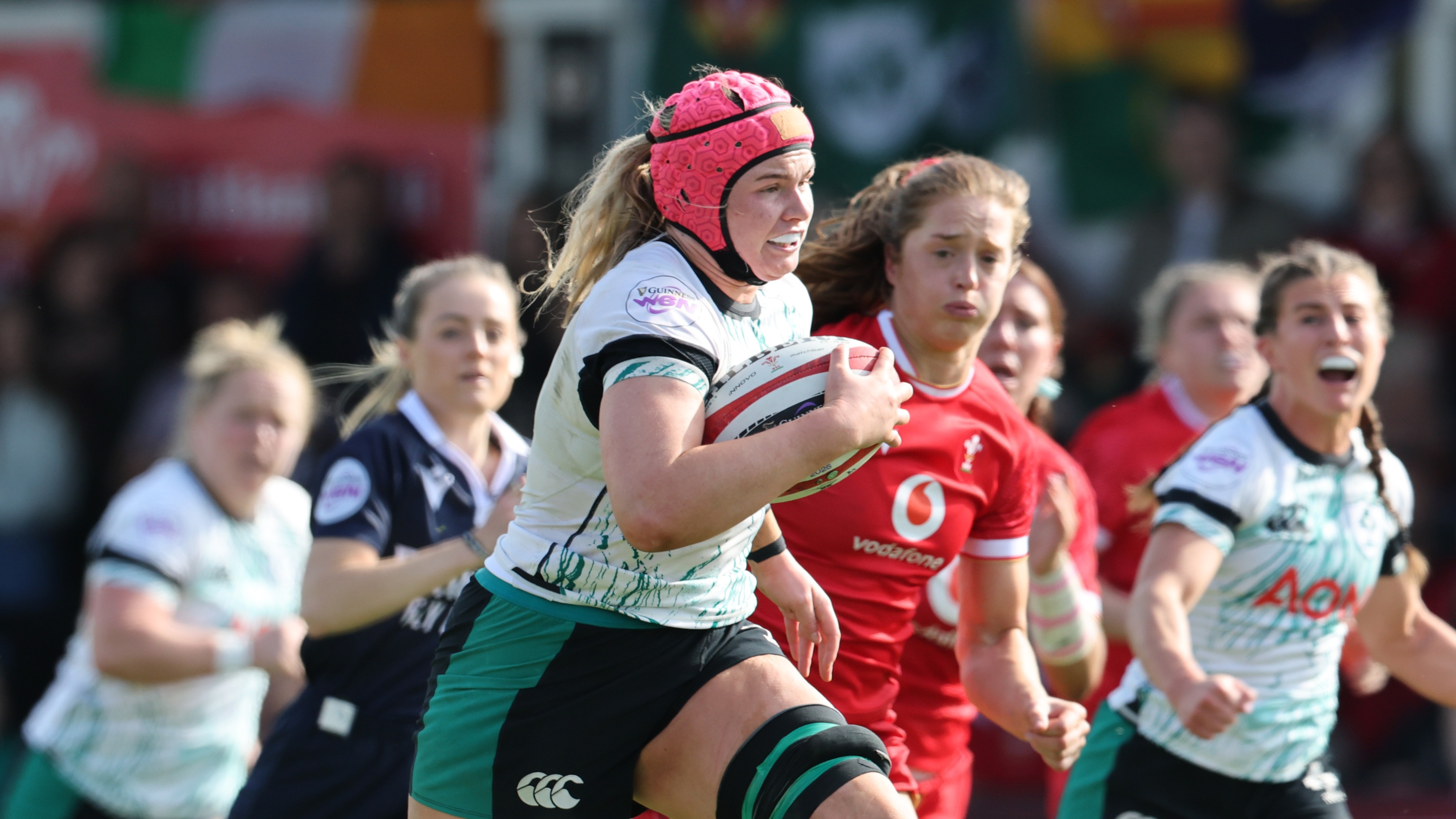 Ireland's Dorothy Wall carries the ball against Wales during the 2025 Guinness Women's Six Nations.