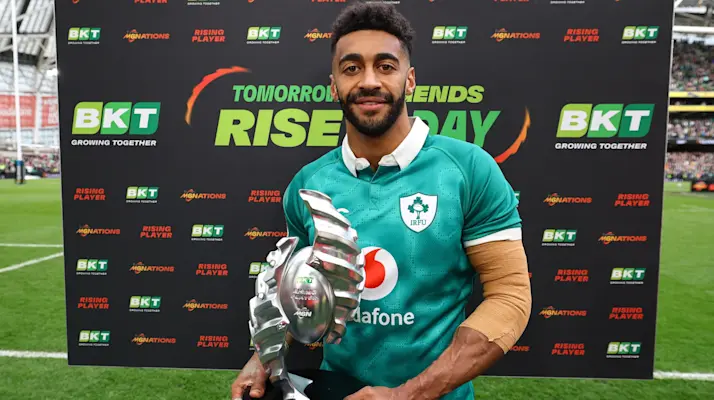 Robert Baloucoune poses with the 2026 BKT Rising Player award.