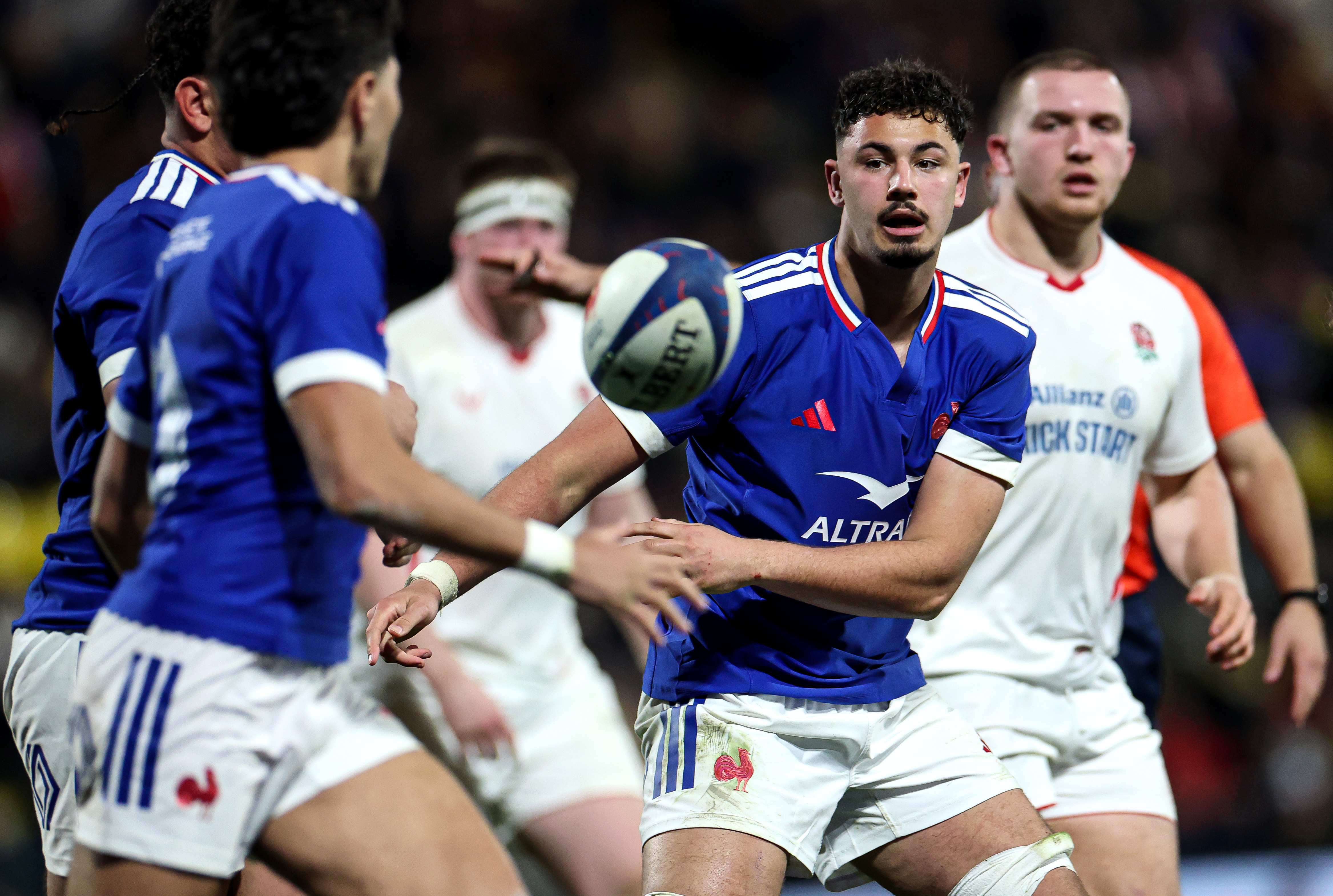France's Marceau Marzullo passes the ball during the 2026 Under 20 Six Nations Championship Round 5 game between France and England in Stade Marcel-Deflandre, La Rochelle,