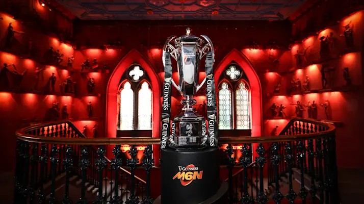 A view of the Guinness Men's Six Nations trophy against the backdrop of Edinburgh's Hub venue.
