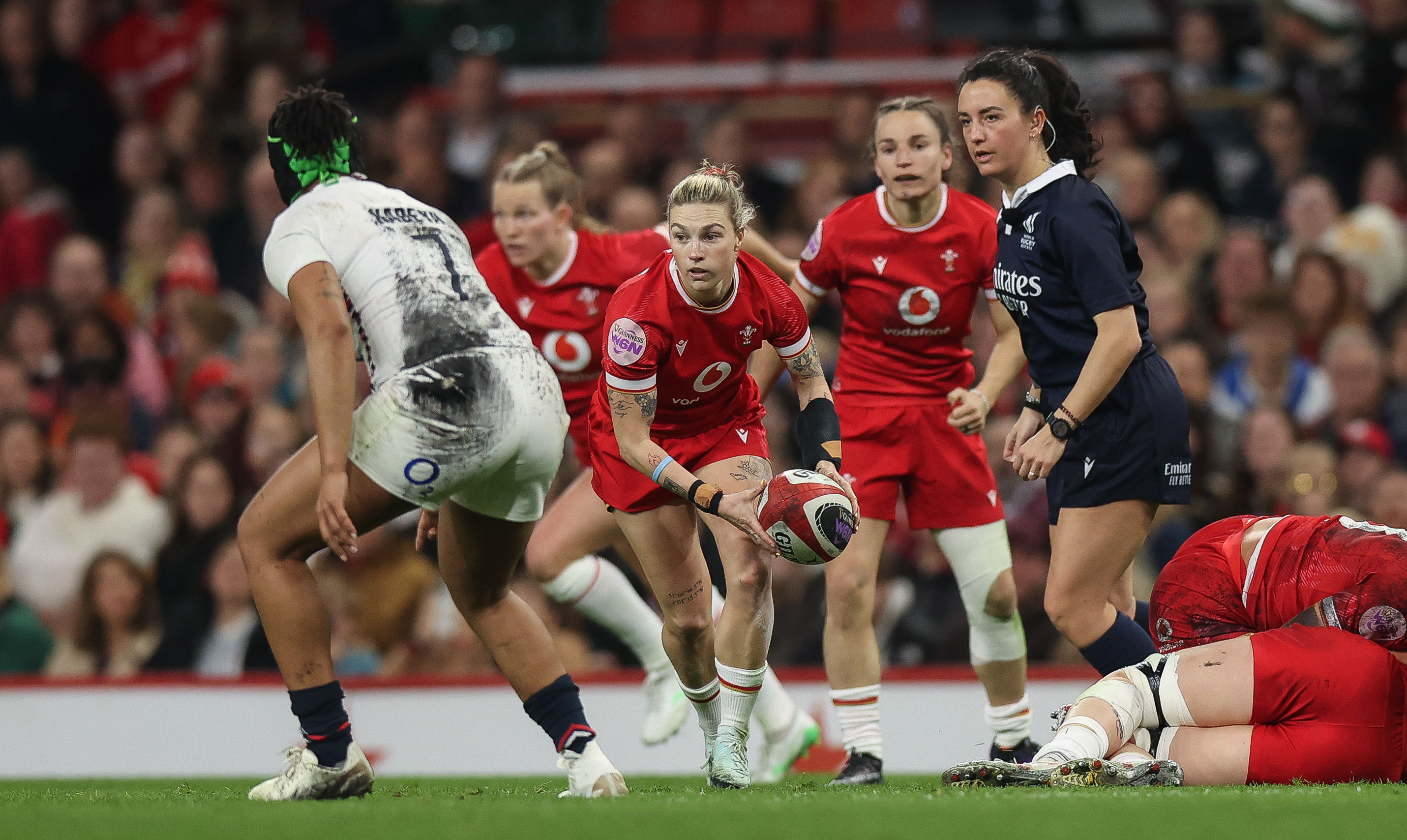 Wales' Keira Bevan during the 2025 Guinness Women's Six Nations Championship Round 2 game between Wales and England in the Principality Stadium, Cardiff,