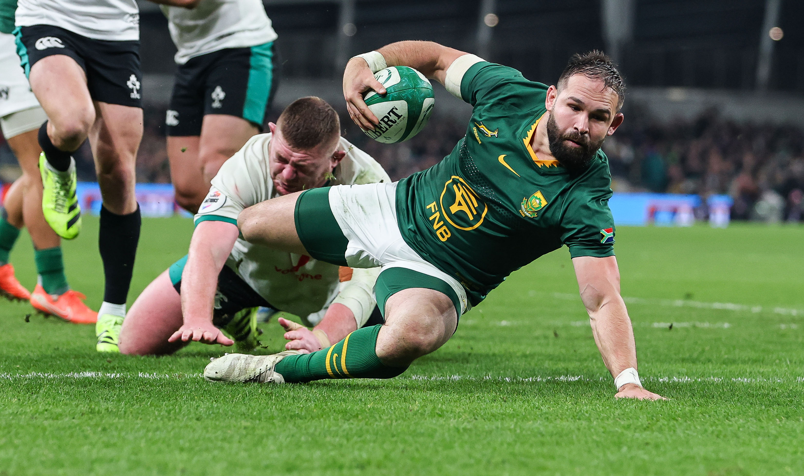 South Africa’s Cobus Reinach slides in to score his side's second try of the match against Ireland during the 2025 Quilter Nations Series.